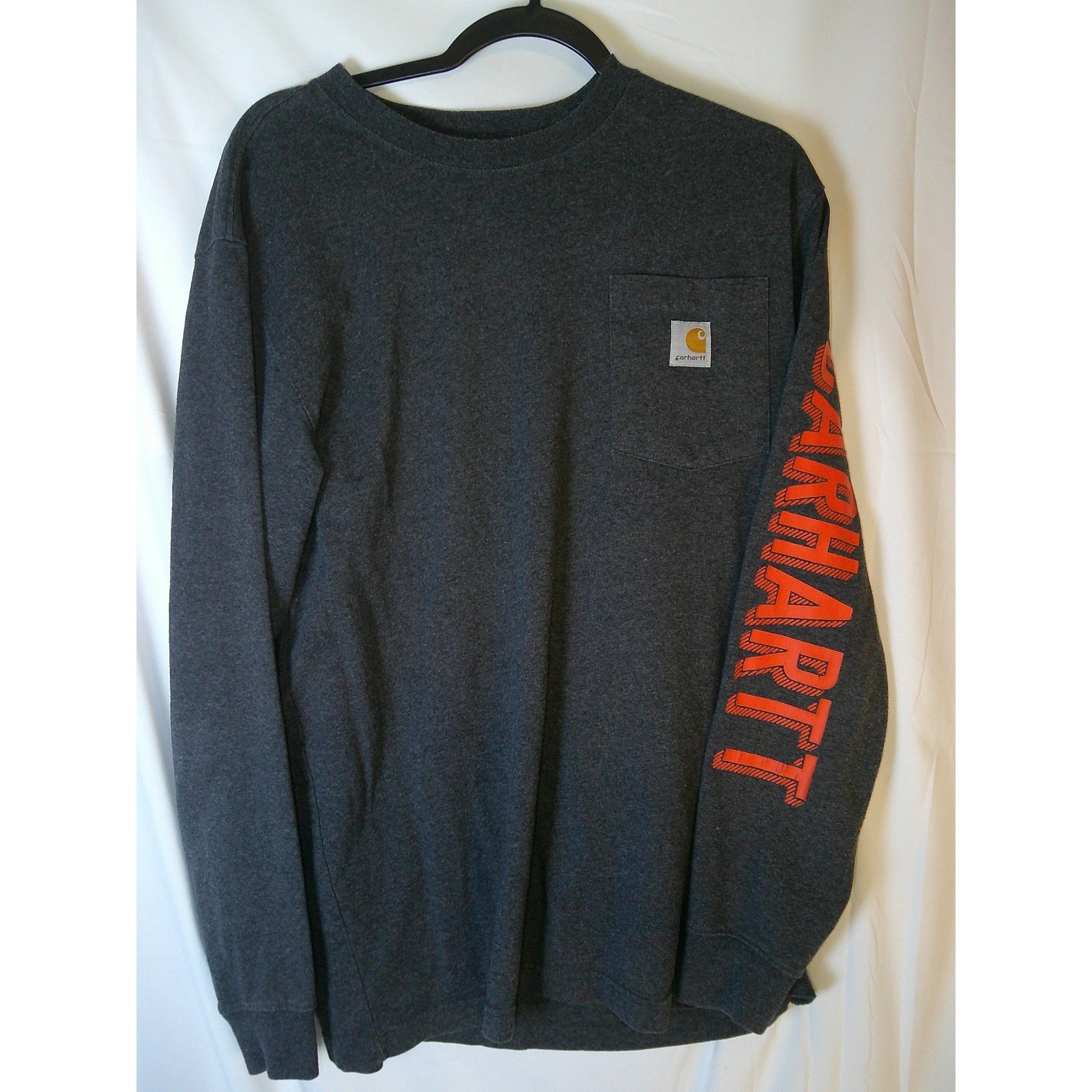 Carhartt Mens Loose Fit Long Sleeve Pocket T-Shirt Charcoal Grey Orange Logo M