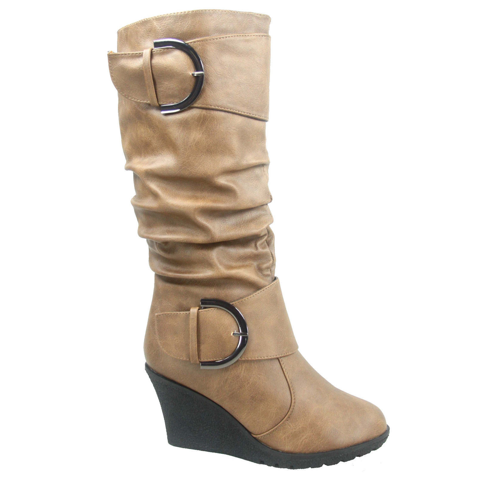 Women’s Cute Round Toe Slouch Buckle Wedge Mid Calf Boot Shoes Size 5 -11 NEW