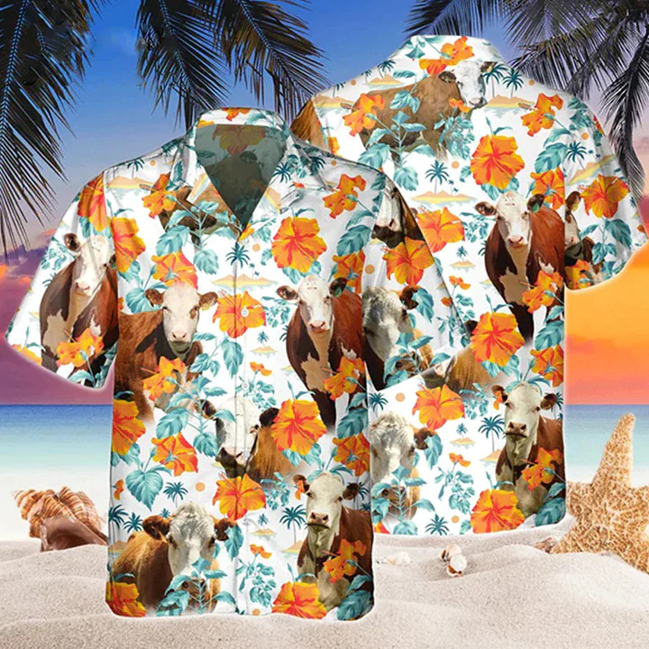 Hereford Bright Hibiscus Flowers Trendy Hawaiian Shirt, Cow Hawaii Shirts Men