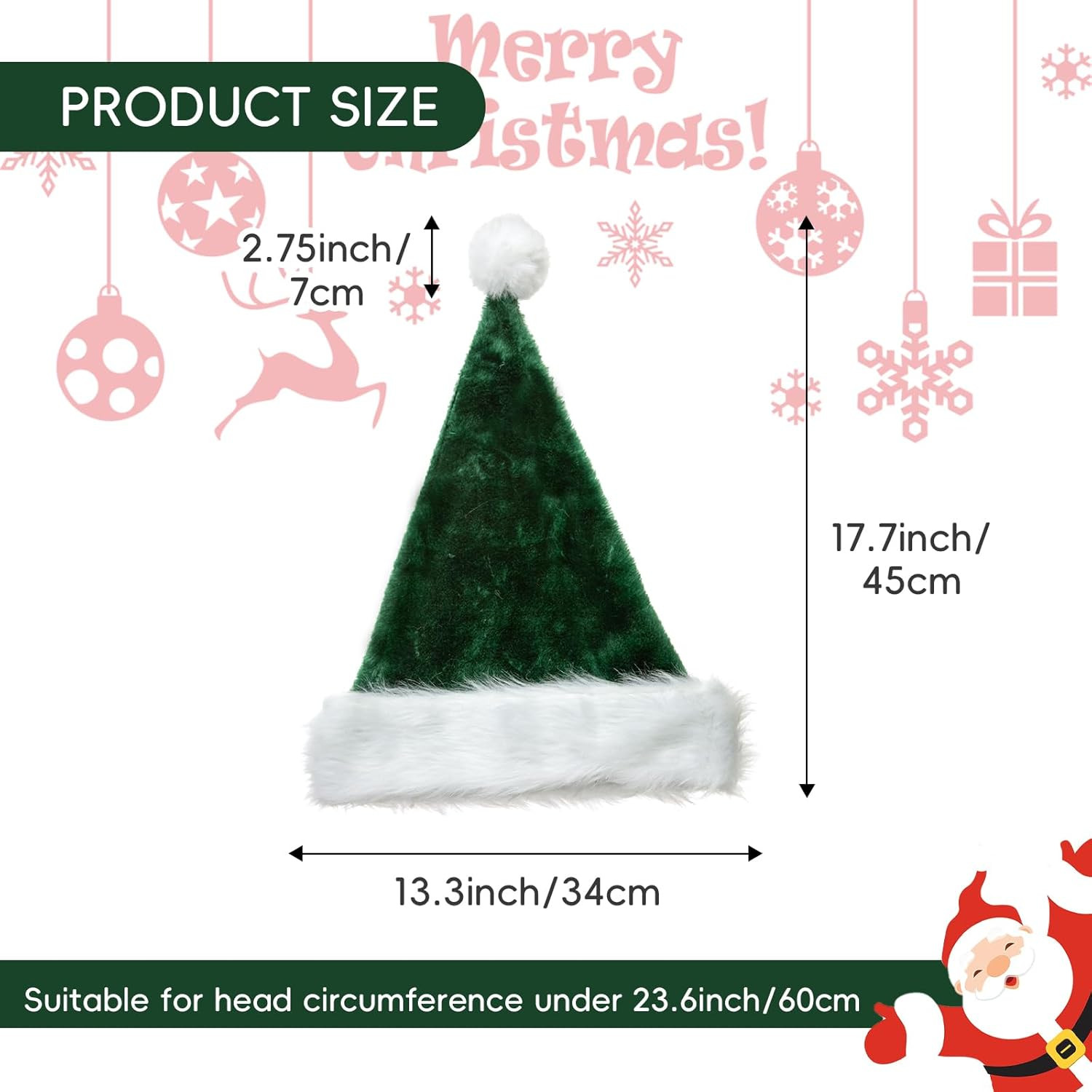 Christmas Santa Hat for Adults, Velvet Hats Plush Green
