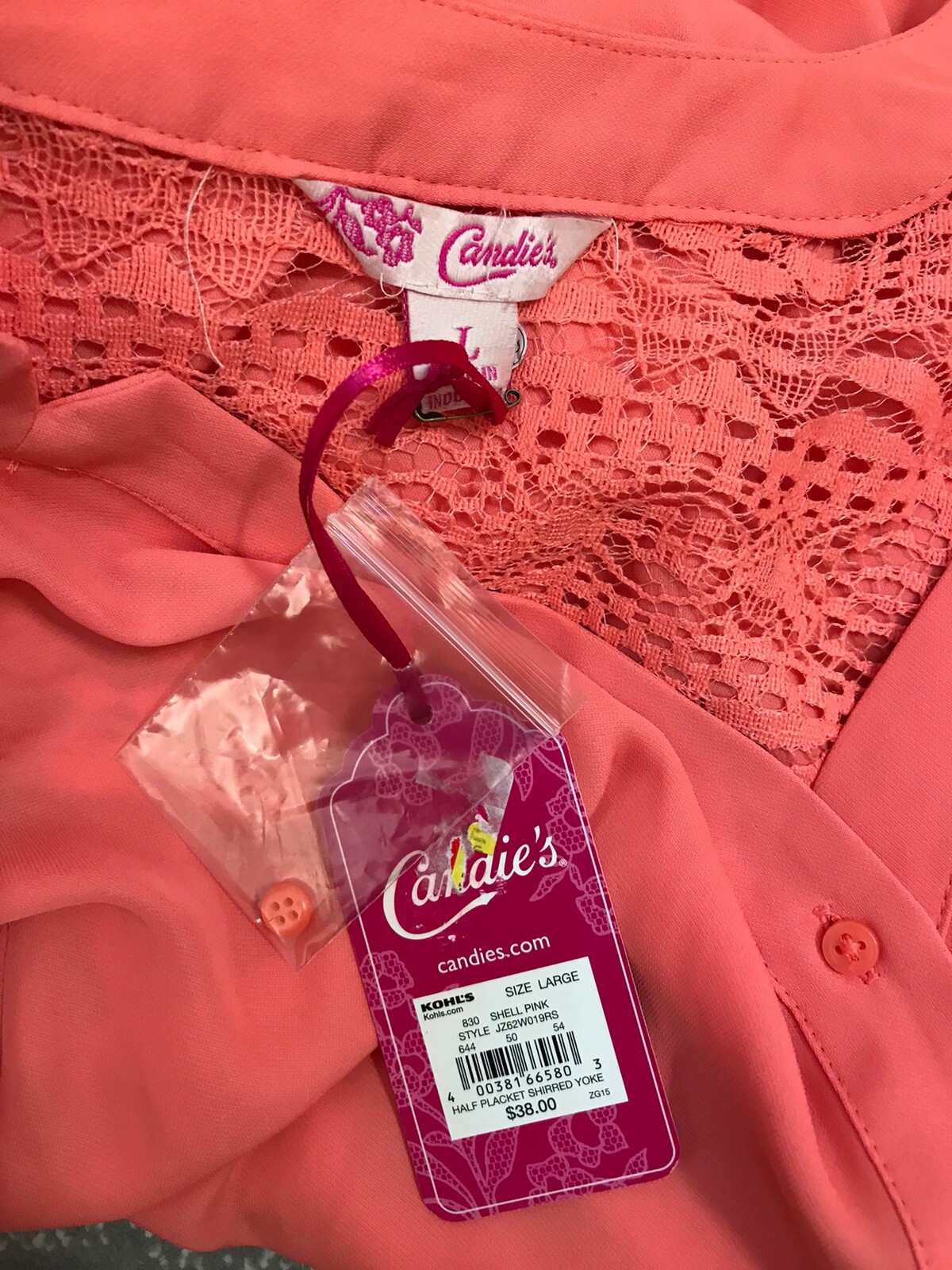 Candie’s L Top Lace Mesh Yoke NWT $38 Coral 1/2 Button Up Shirt Blouse Low V Cut