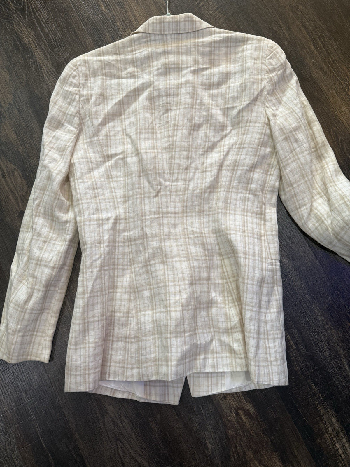 Escada Margaretha Ley 100% Linen Plaid Blazer Beige White Gray Size 34