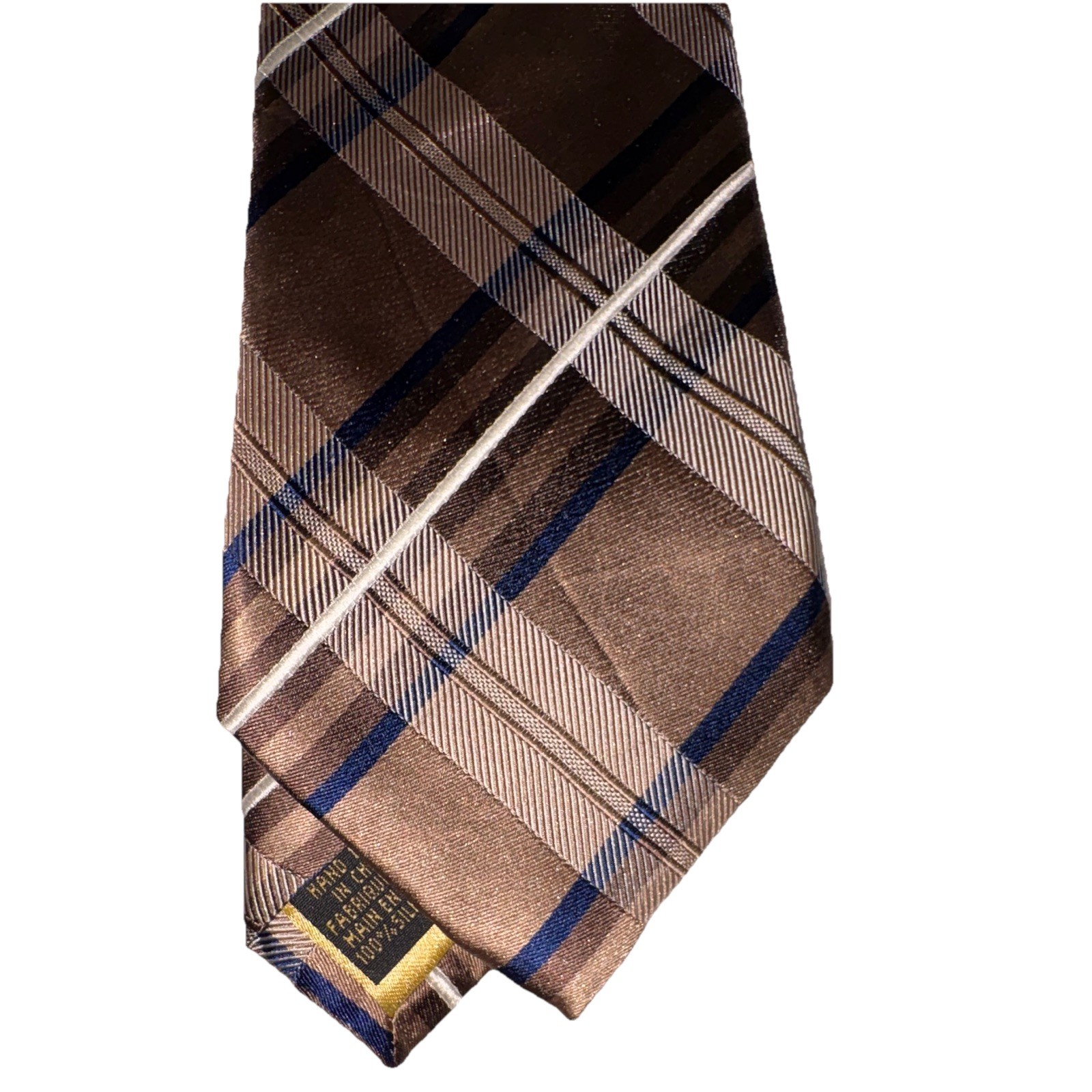 Donald J. Trump Men’s Woven Silk Tie Brown Blue Plaid Check Logo Designer