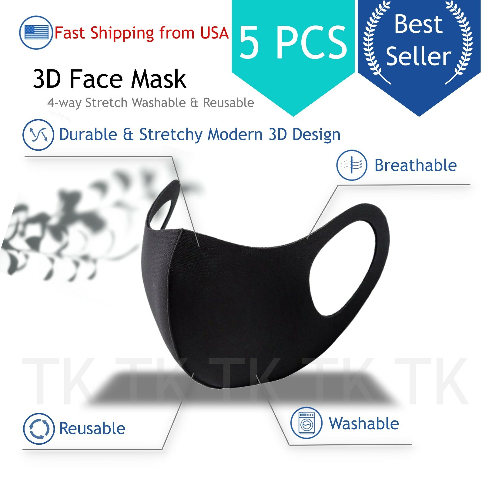 (5 Pack) 3D Black Fashion Face Mask Washable and Reusable