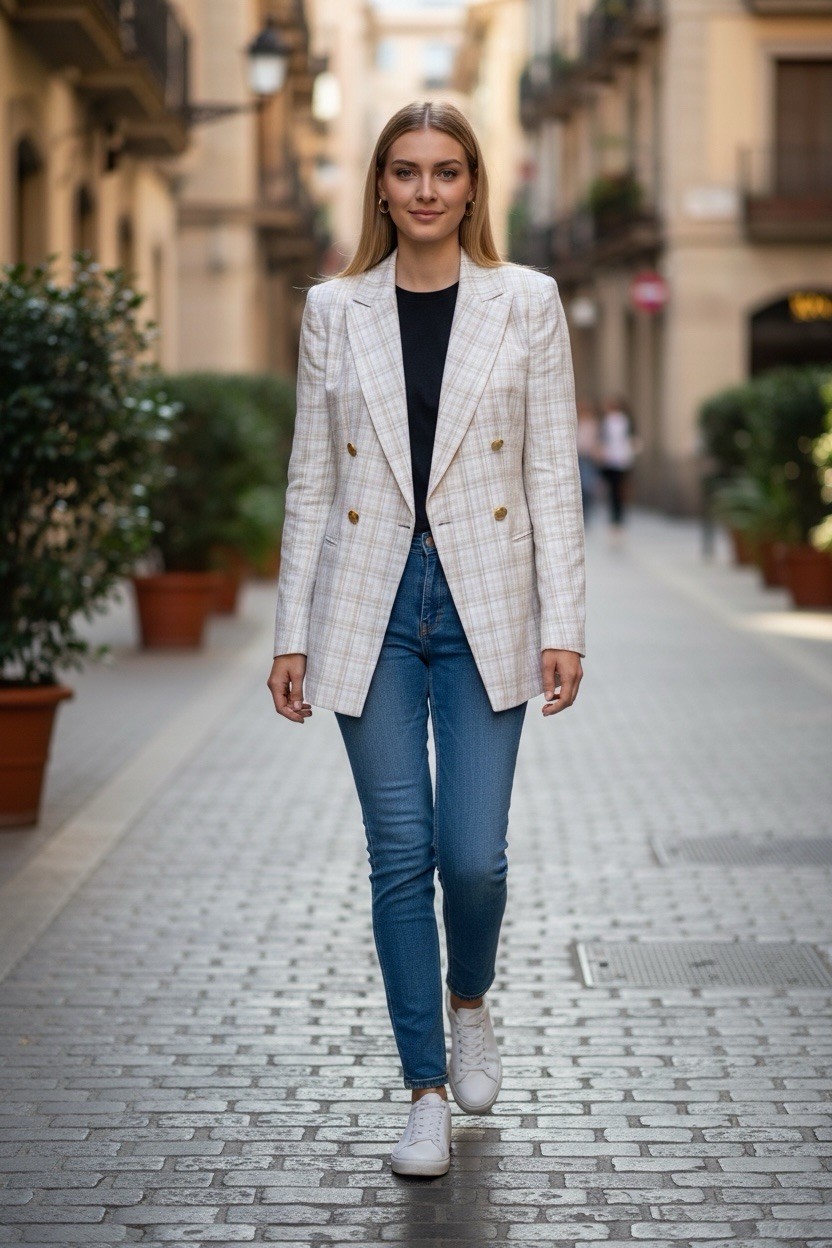 Escada Margaretha Ley 100% Linen Plaid Blazer Beige White Gray Size 34