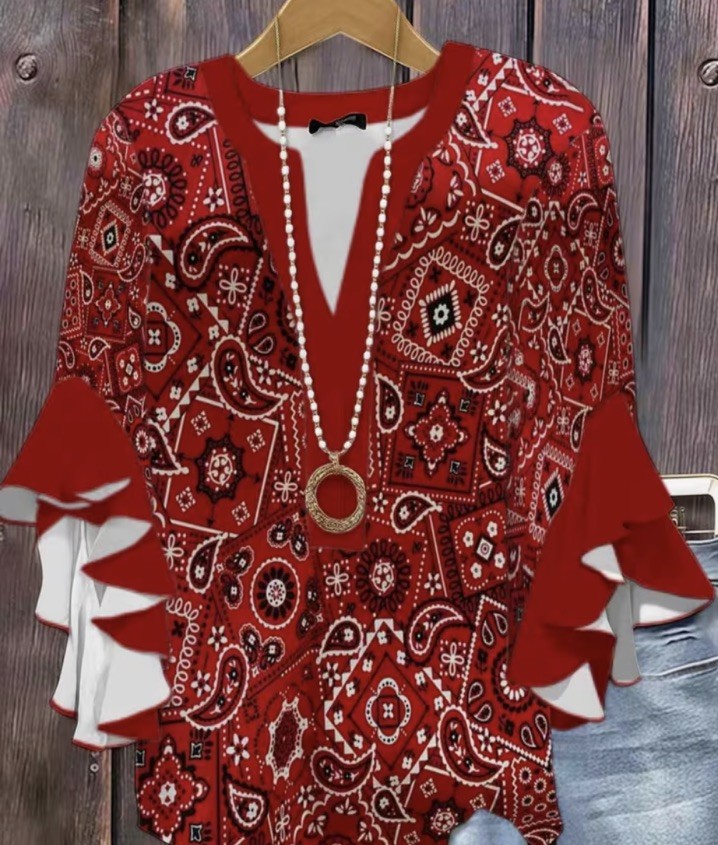 2XL Red Paisley Bohemian Tunic Blouse with Ruffle Bell Long Sleeves for Women
