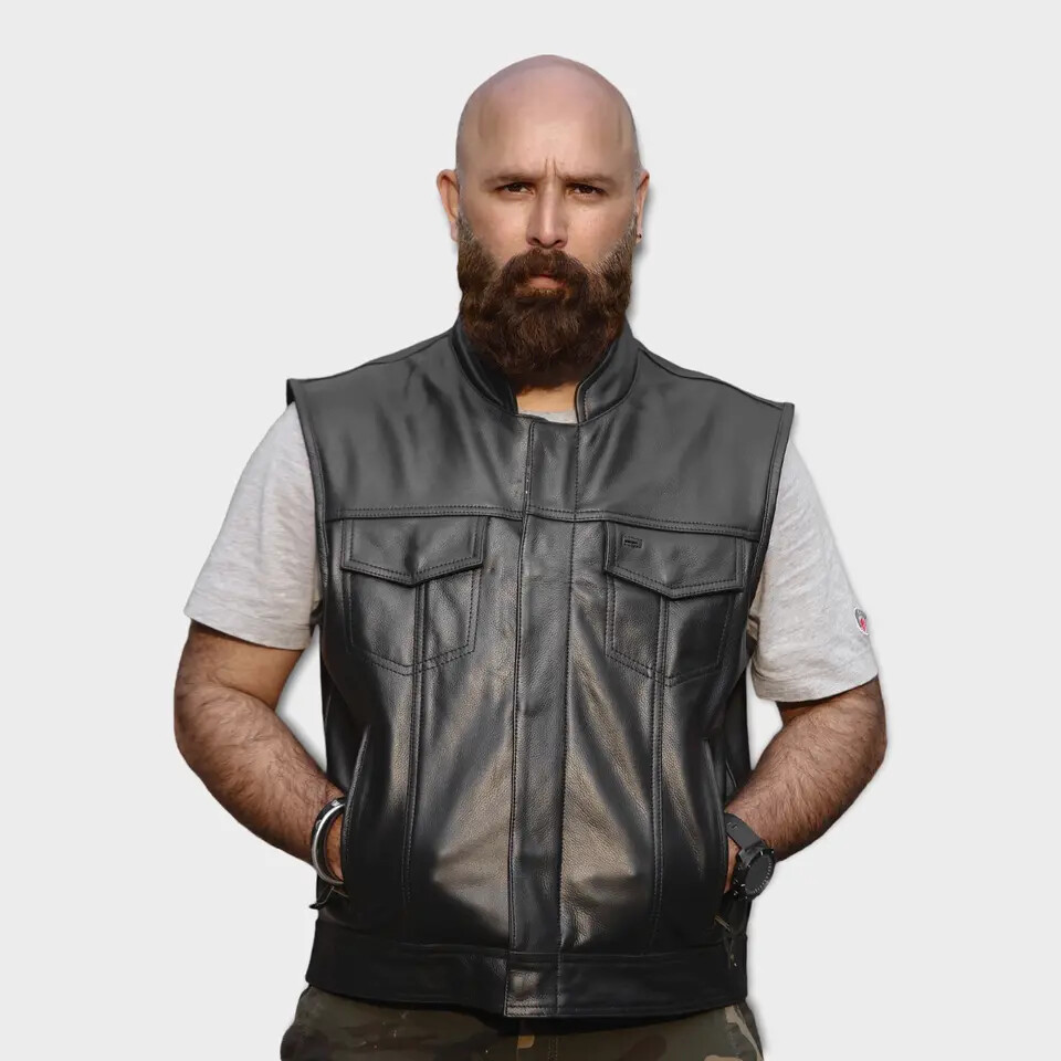 SOA Men’s Leather Vest Anarchy Motorcycle Biker Club Concealed Carry Outlaws