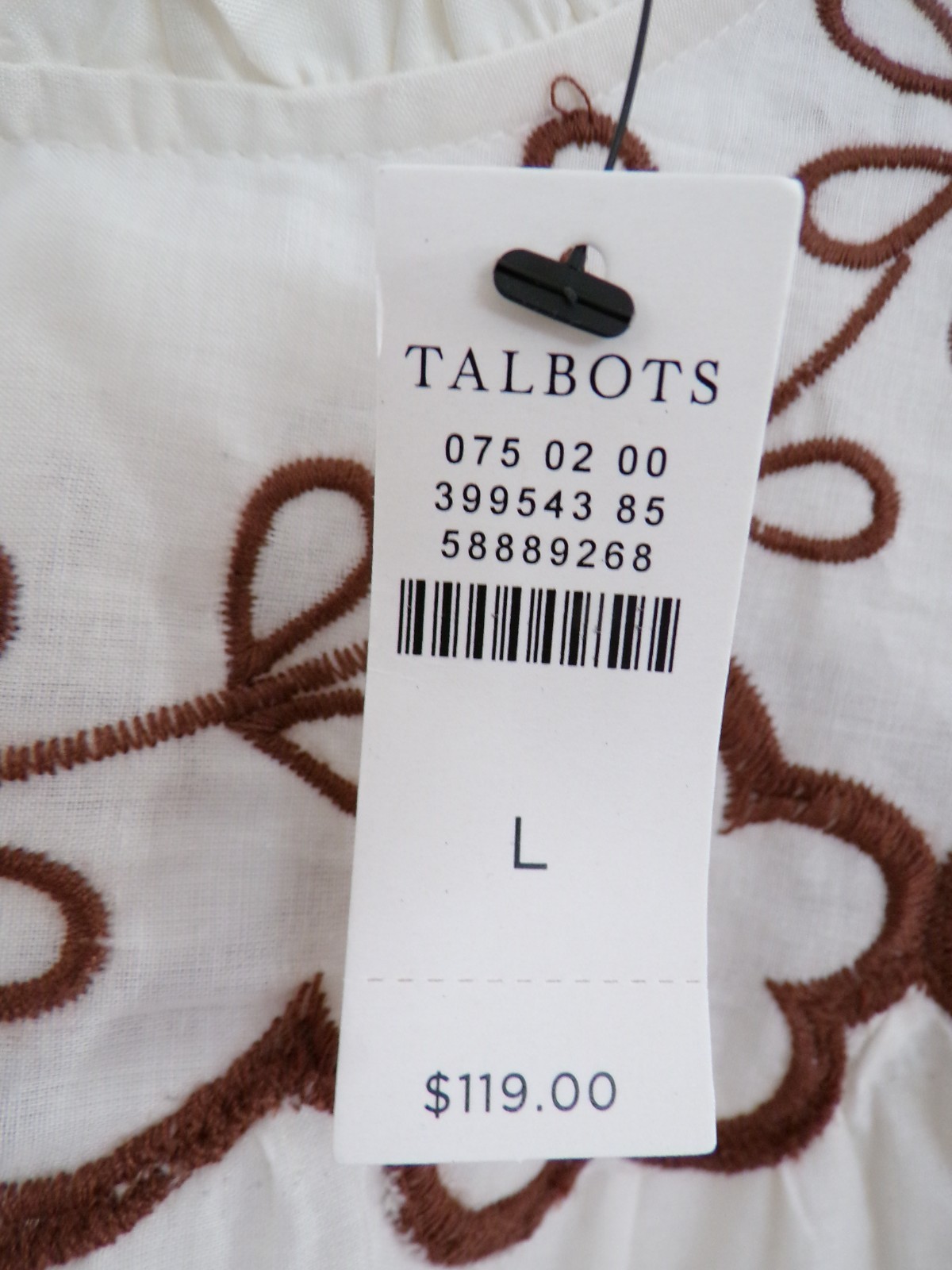 NWT NEW SUMMER TALBOTS SIZE LARGE EMBROIDERED VOILE TOP IVORY / BROWN $119.00