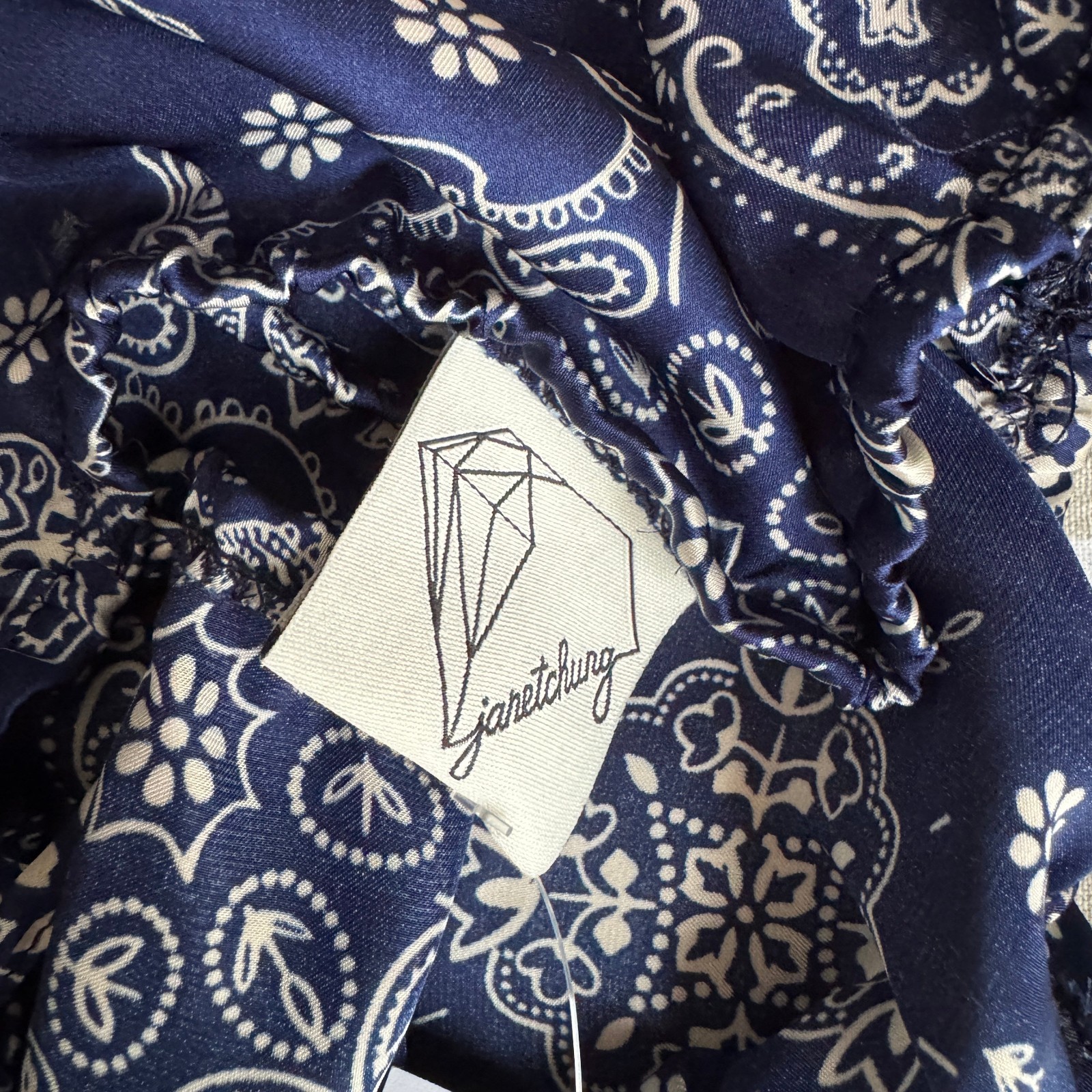 Janet Chung Bandana Paisley Print Satin Ruffle Hem Cami Crop Top Navy Blue