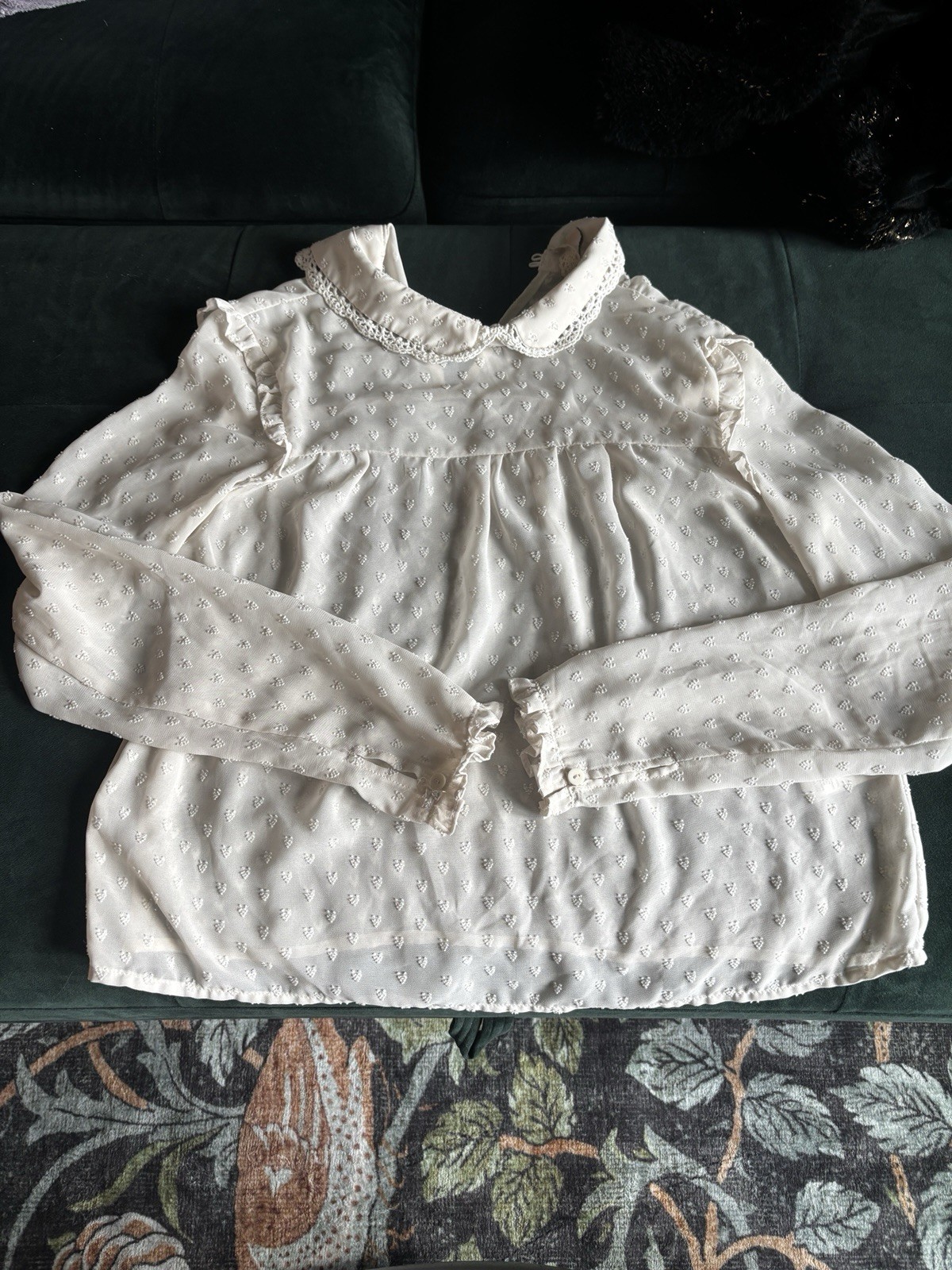 Divided Cream Peter Pan Collar Sheer Blouse with Subtle Dot Texture