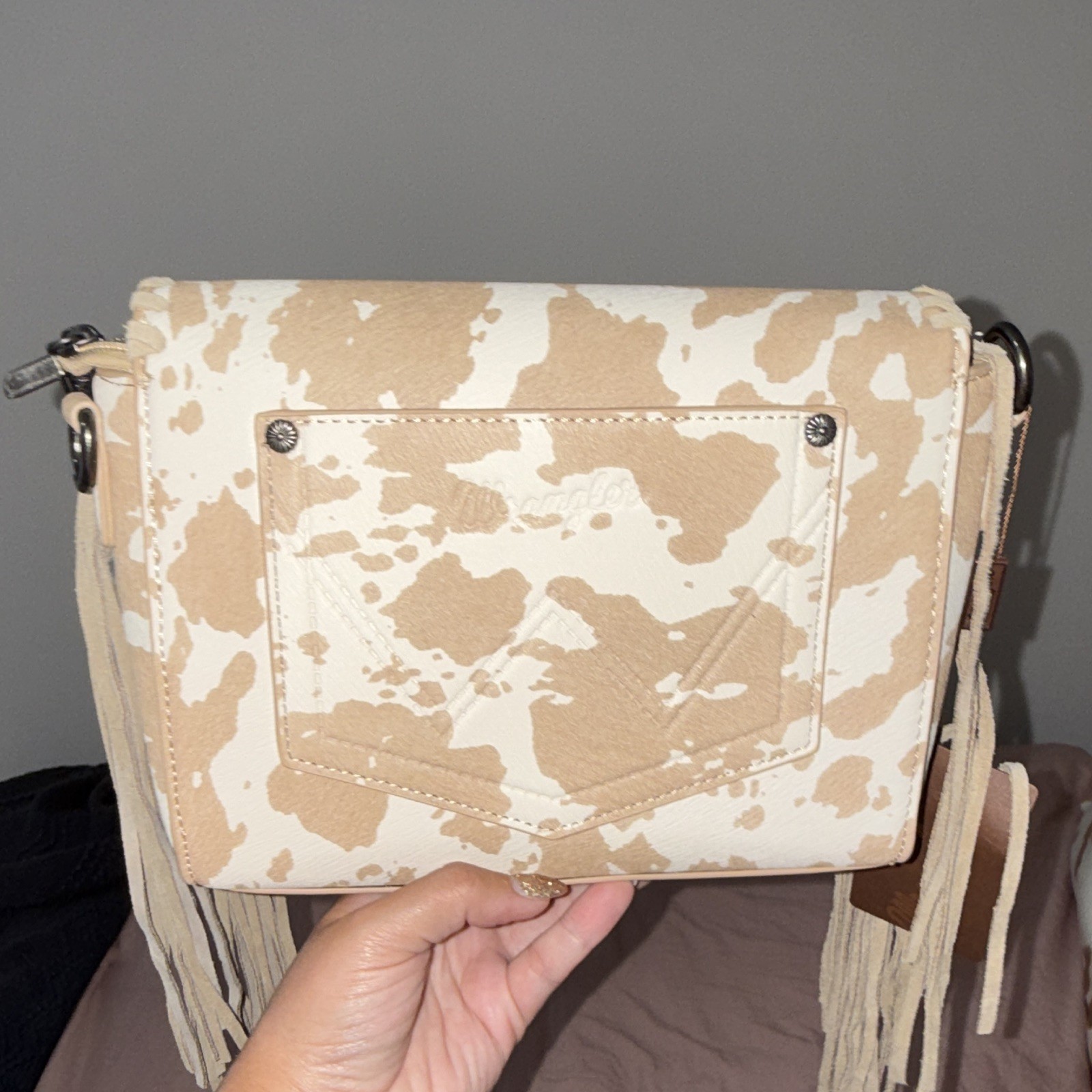 Wrangler Beige/White Cow Print Fringe Small Crossbody Bag, Zip, Strap, Pockets