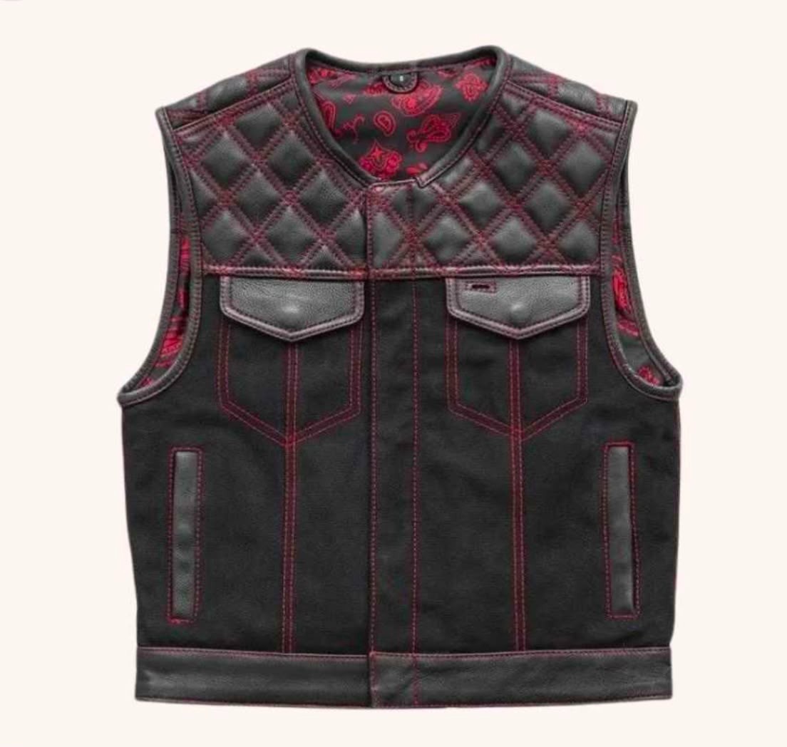 Men’s Black Leather Denim Motorcycle Vest Red Stitch Biker Club Style