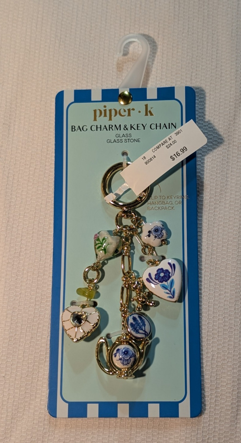 NWT PIPER K BAG CHARMS AND KEYCHAIN GLASS GLASS STONE CLIP BACKPACK HANDBAG SAFE
