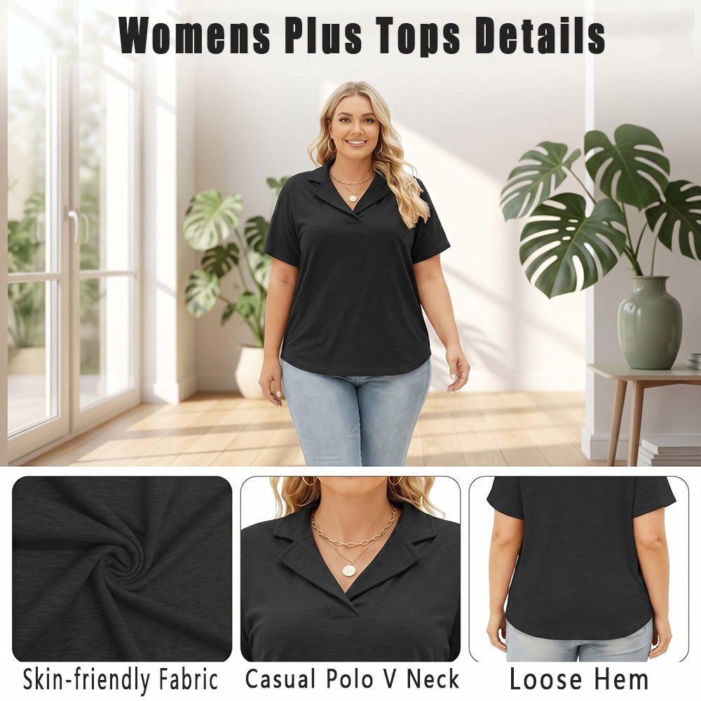 Plus Size Polo Shirts for Women V Neck Collared Casual Short Sleeve Tops Summer
