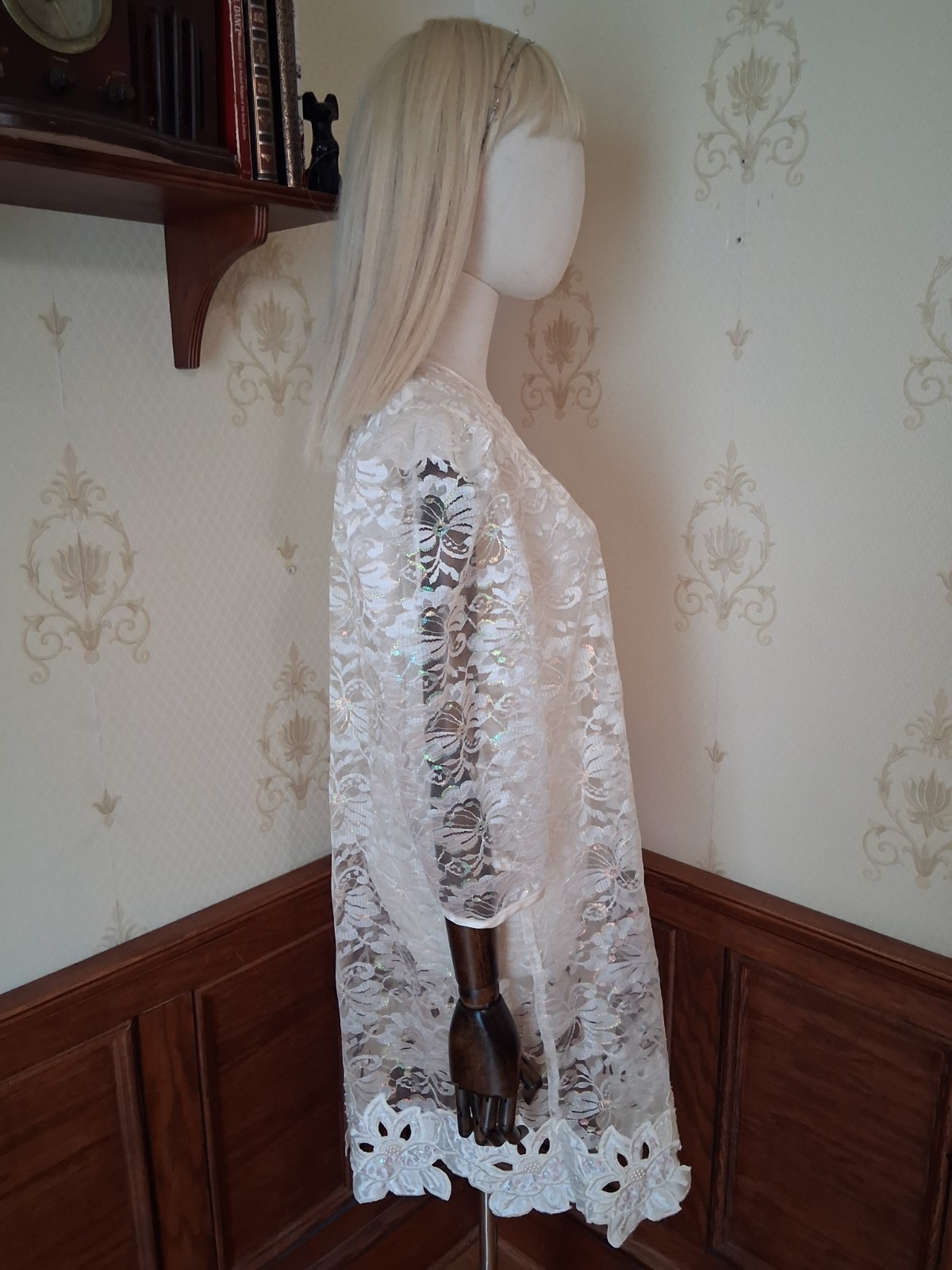 Vintage 1980s Desiree Ivory Sheer Iridescent Lace Romantic Coquette Mini-Dress