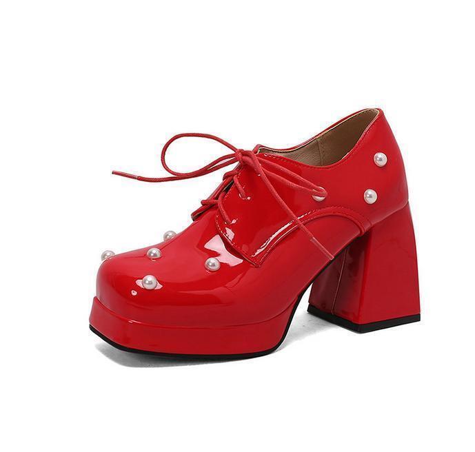 Women Square Toe Beaded Lace Up Pumps Candy Color Mary Jane Shoe Block Heel Pump