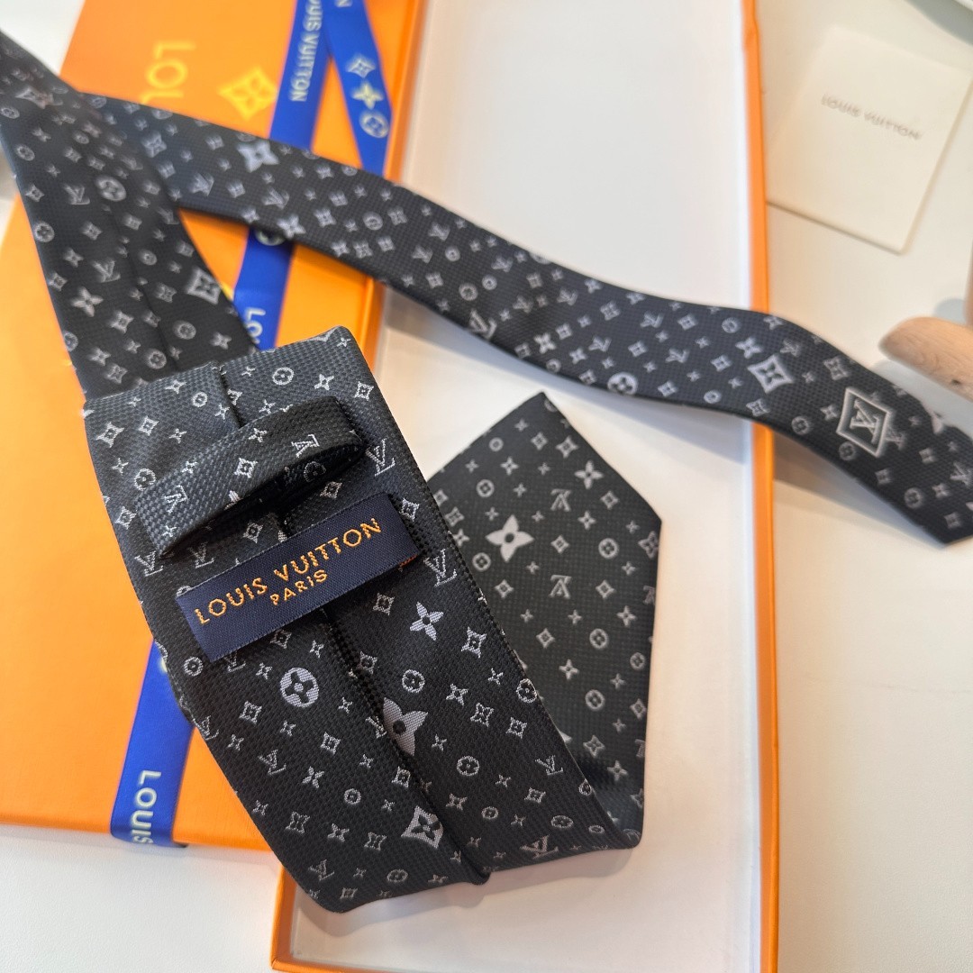L.V. Paris Designer Silk Tie Black Grey Monogram Pattern Luxury Necktie w/ Box