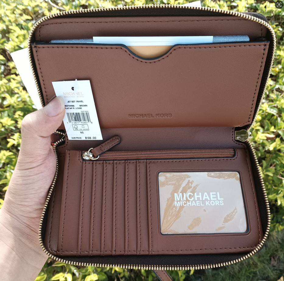 Michael Kors Travel Large Flat MF Phone Case Wristlet Women Wallet Brown