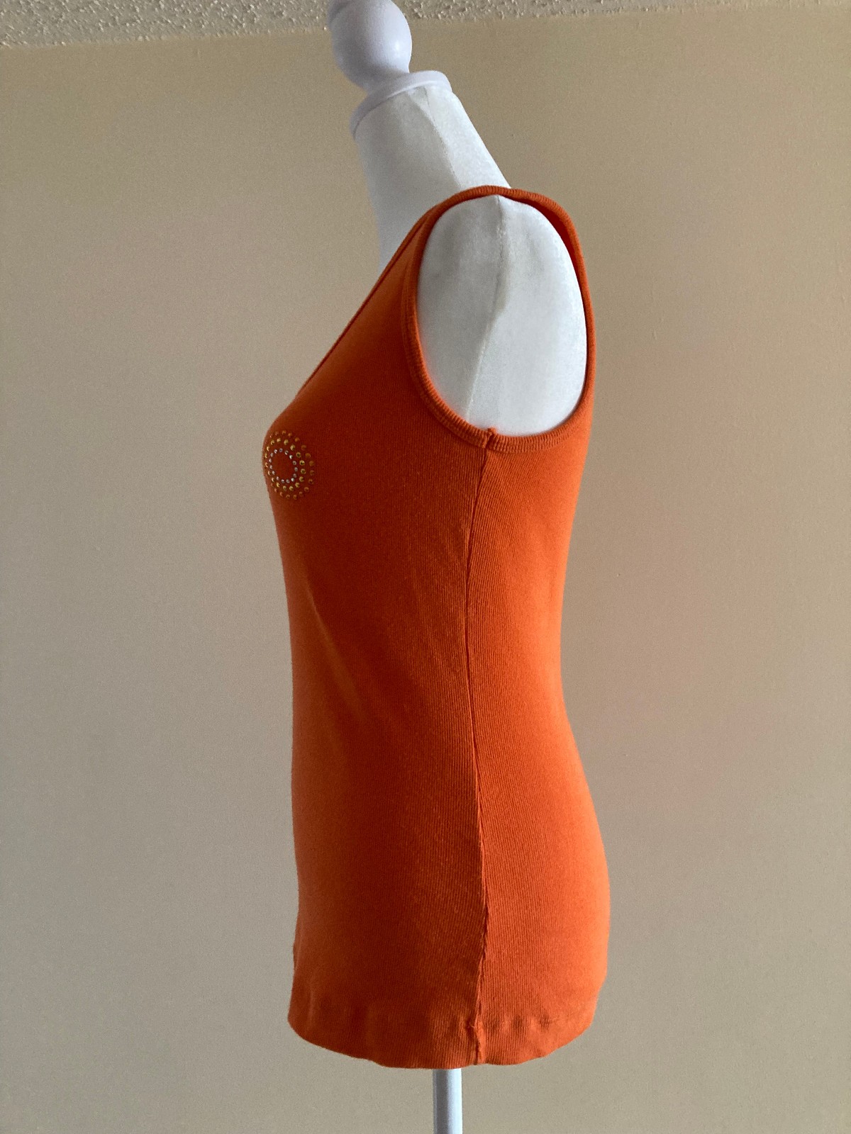 Vtg Orange Ribbed Cotton Sleeveless Tank Top Crew Neck Slim Fit Embellished Sz M