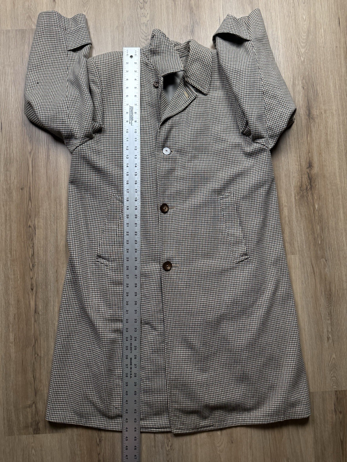 50s VINTAGE Rock-Knit Tailored Houndstooth Overcoat Size 44 Wool BEAUTIFUL Lined