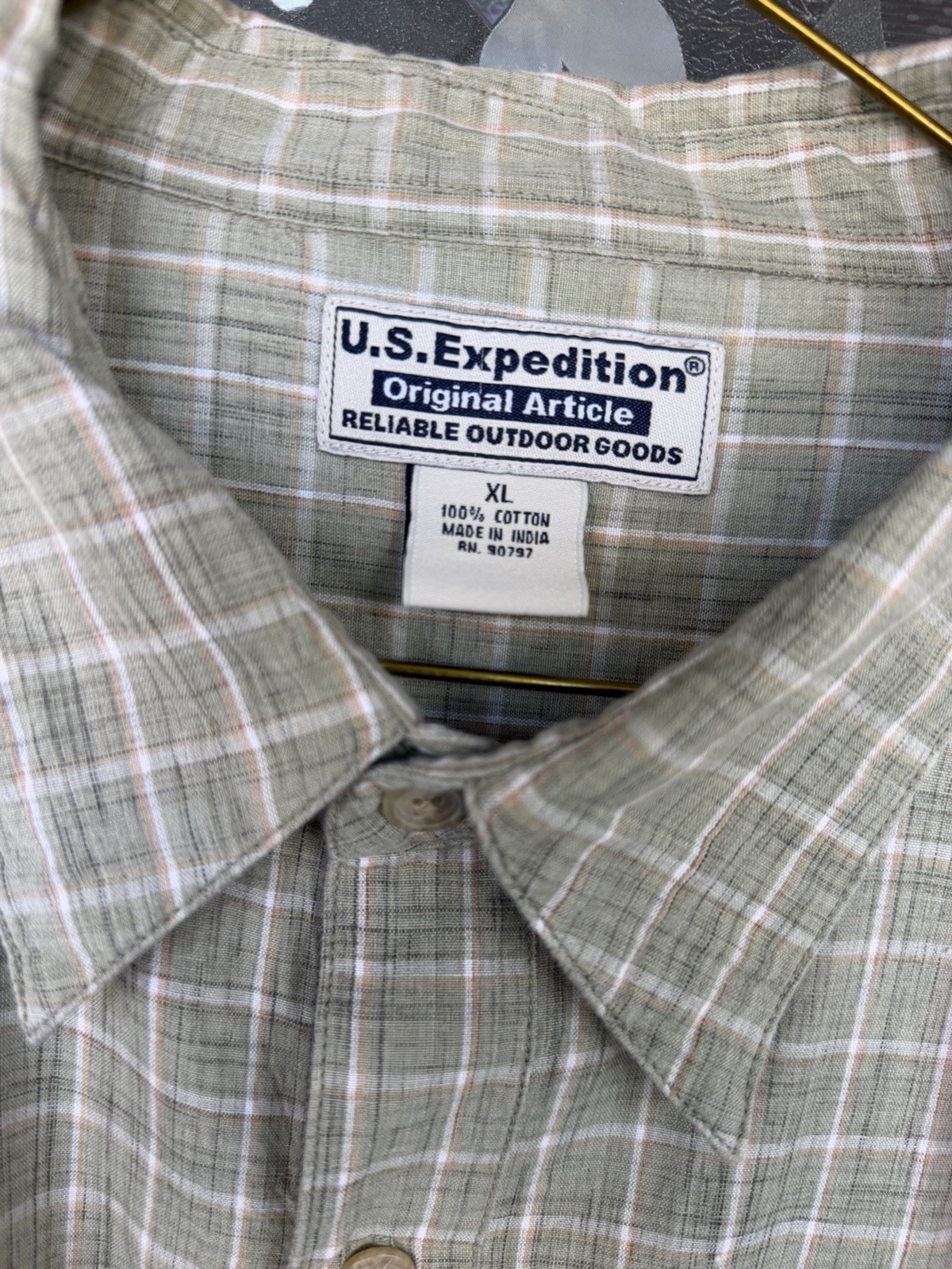 US Expedition Men’s Shirt Green, Beige, White Plaid, Button-Up, Size XL EUC