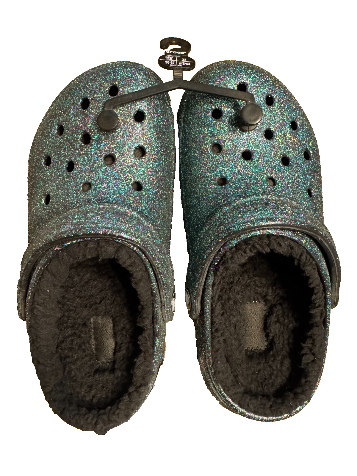 NEW Crocs Classic Green Glitter Lined Clog (Men4/Women6 Black Fuzzy Liner 205842