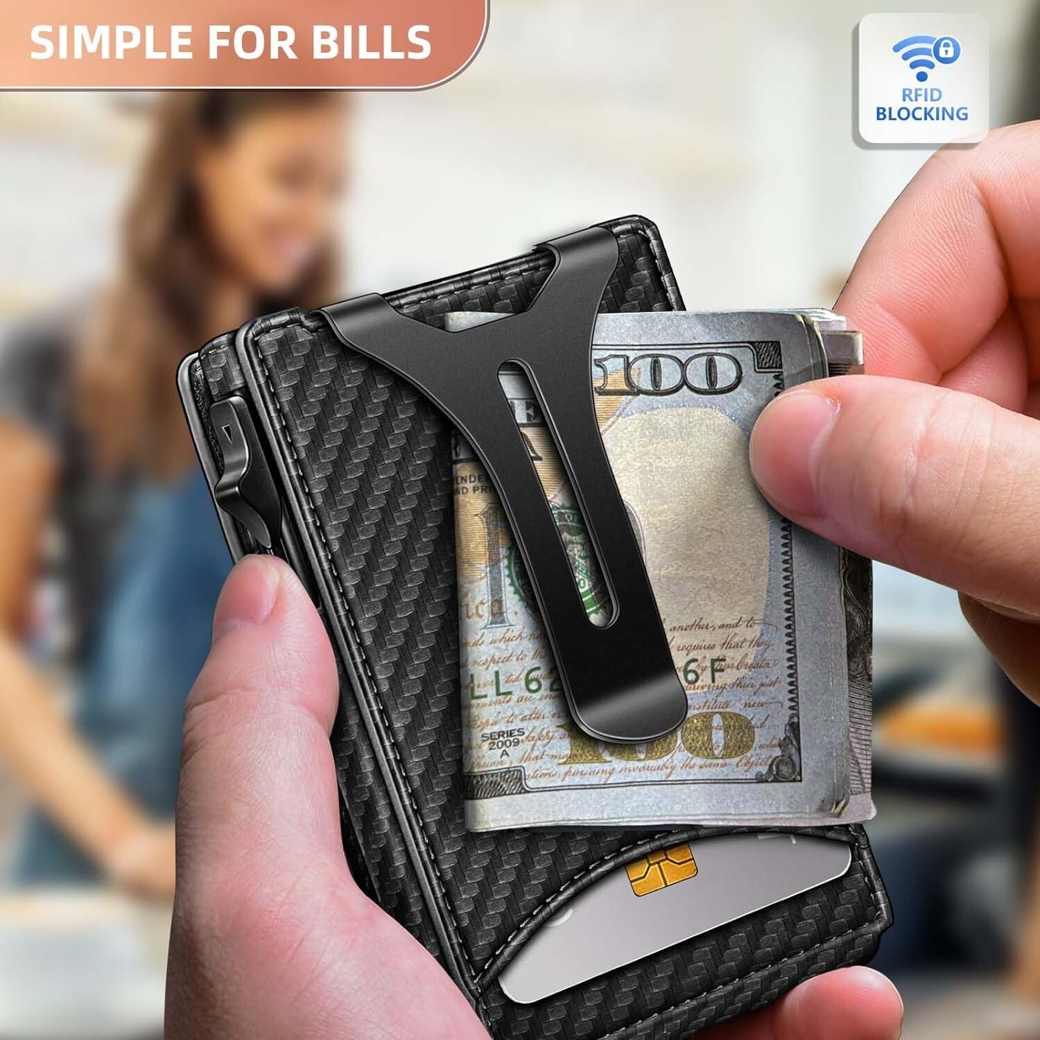 Men’s Slim Pop Up Bifold Wallet with Money Clip, Minimalist RFID Blocking Wallet