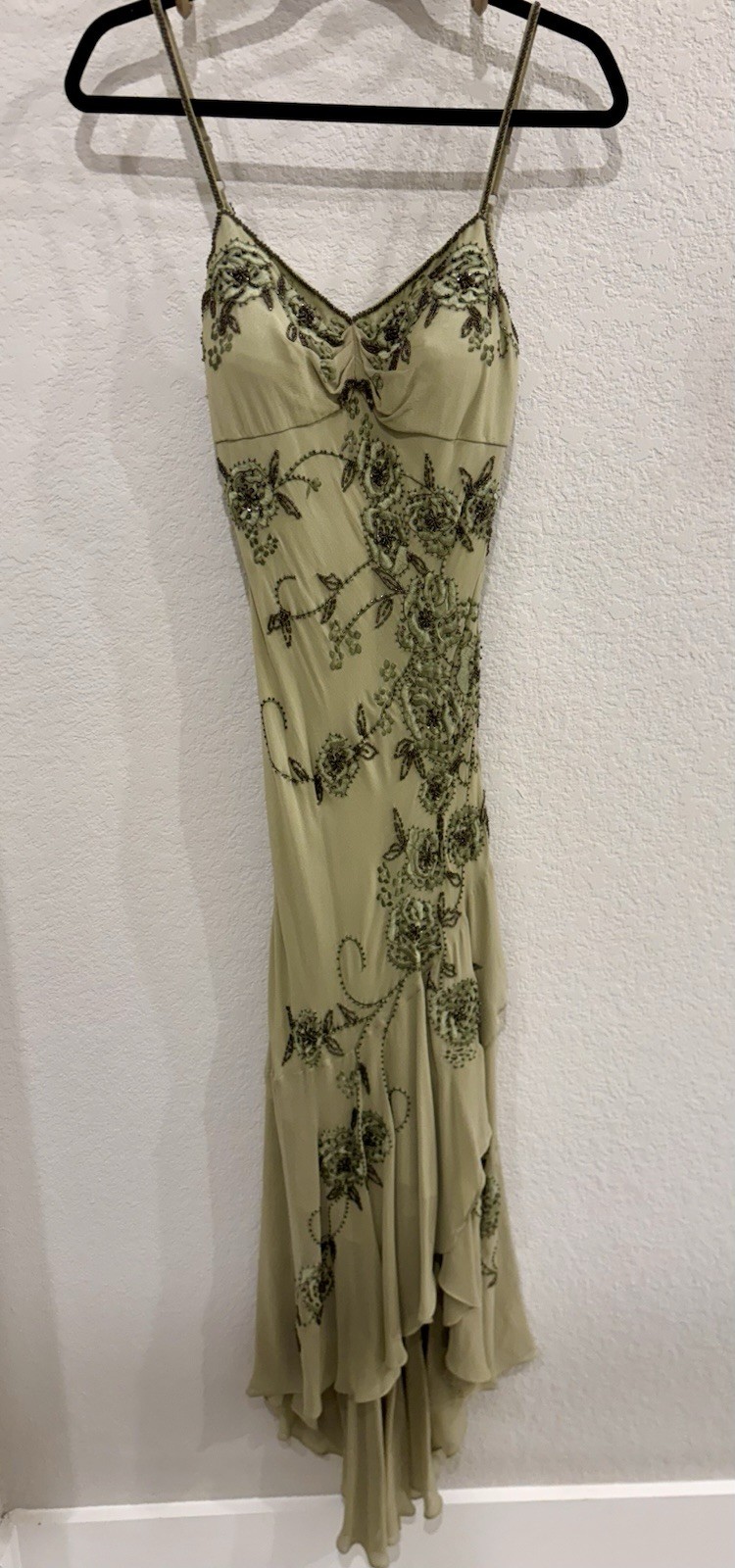 Lillie Rubin 100% Silk Green Beaded Floral Embroidered Dress Size 4 & Scarf