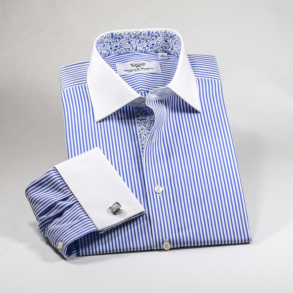 WInchester White Collar & Cuffs Contrast Blue Stripe Business Dress Shirt