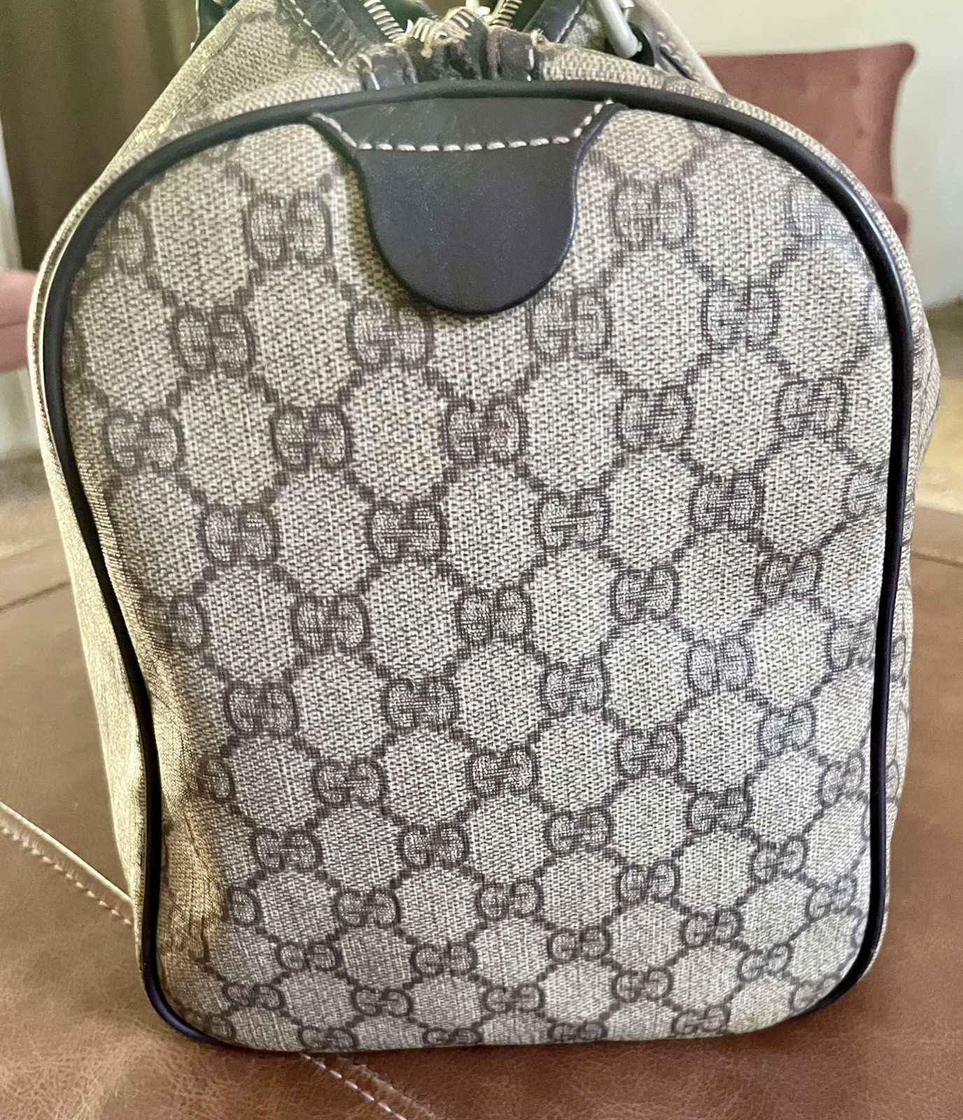 GUCCI authentic Boston Monogram Beige Canvas Leather large Boston satchel