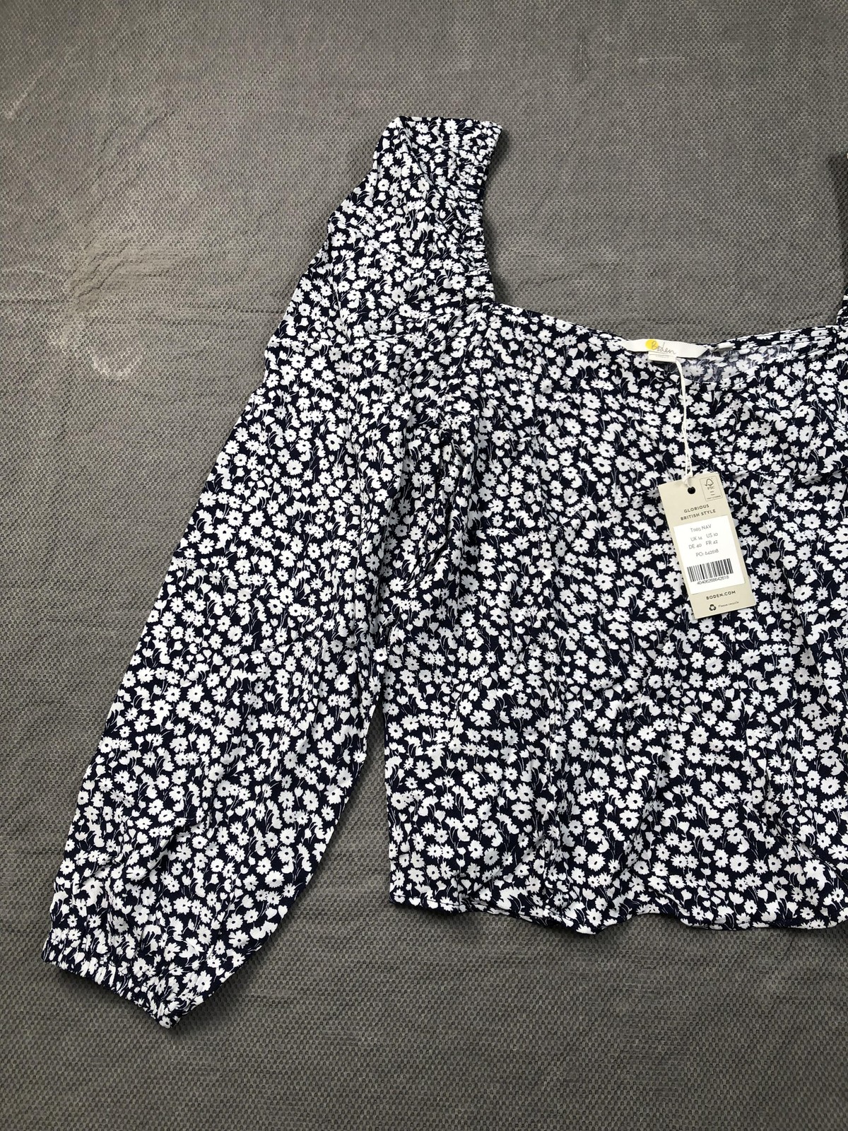 Boden Blouse Womens 10 Blue Square Neck Long Puff Sleeve Floral Cropped NWT