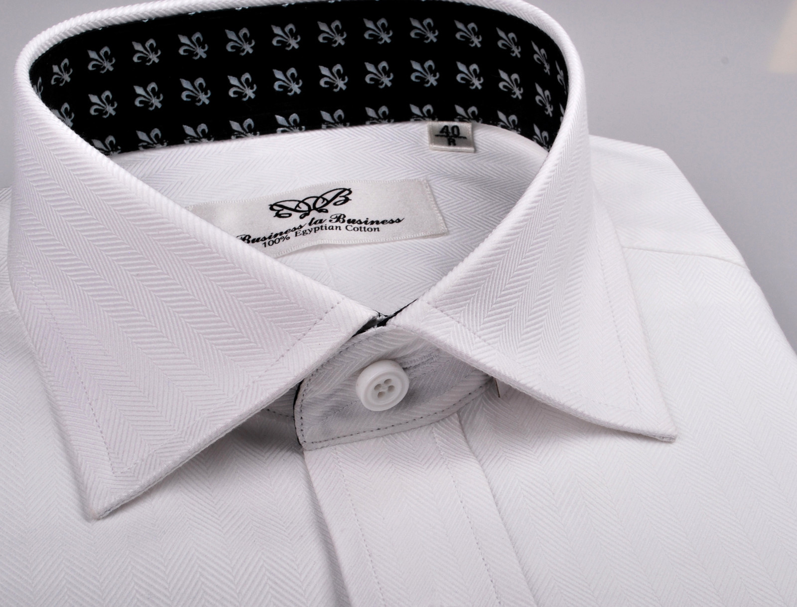 White Herringbone Twill Formal Business Dress Shirt Fleur-De-Lis Italian GQ Boss