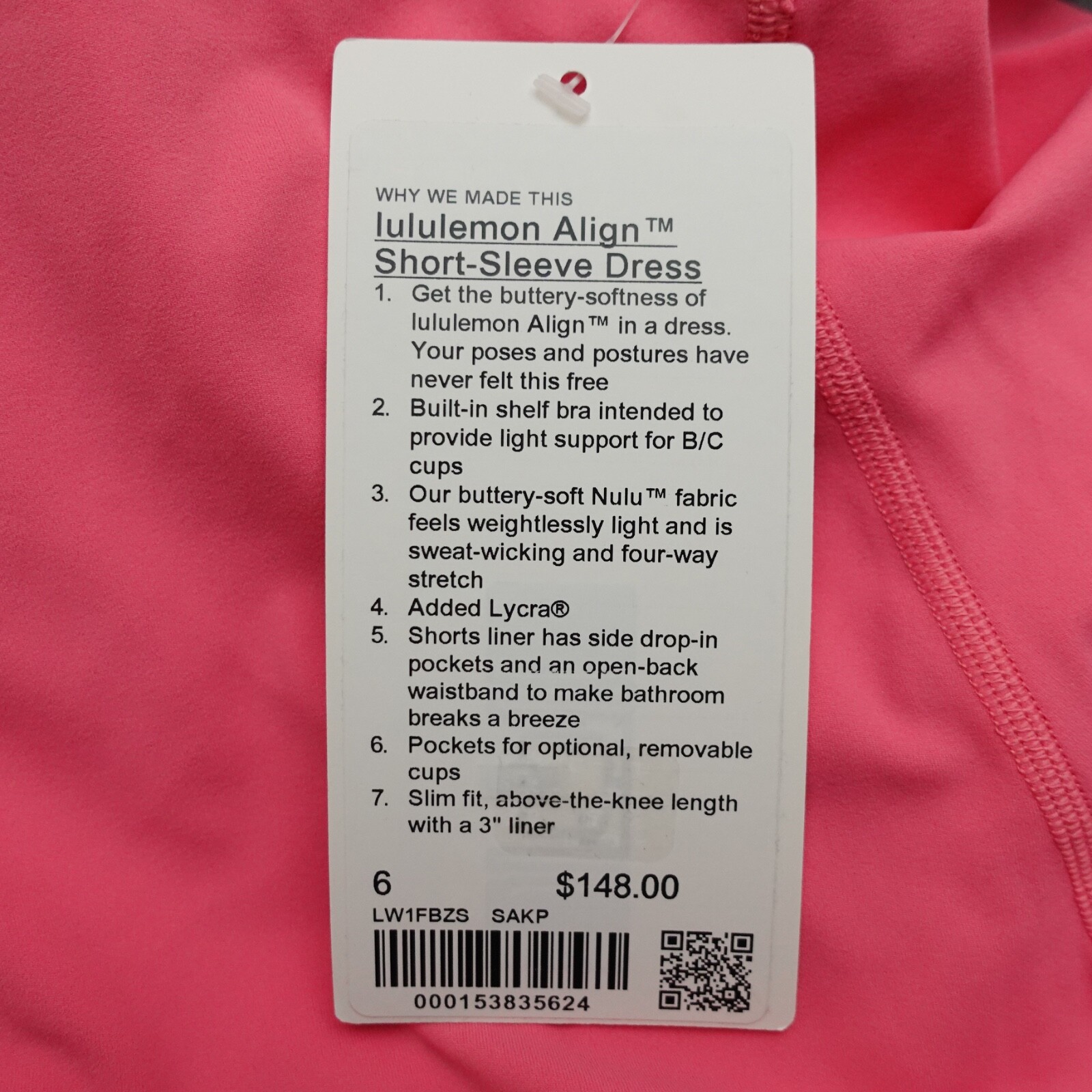 New Lululemon Size 6 Align Short Sleeve Dress SAKP Sakura Pink 3″ Liner Nulu