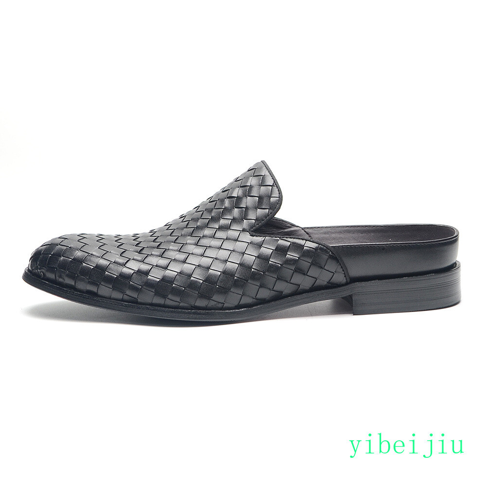 2026 Mens Real Leather Weave Woven Slipper Dress Slide Shoes Slip On Sandals Man