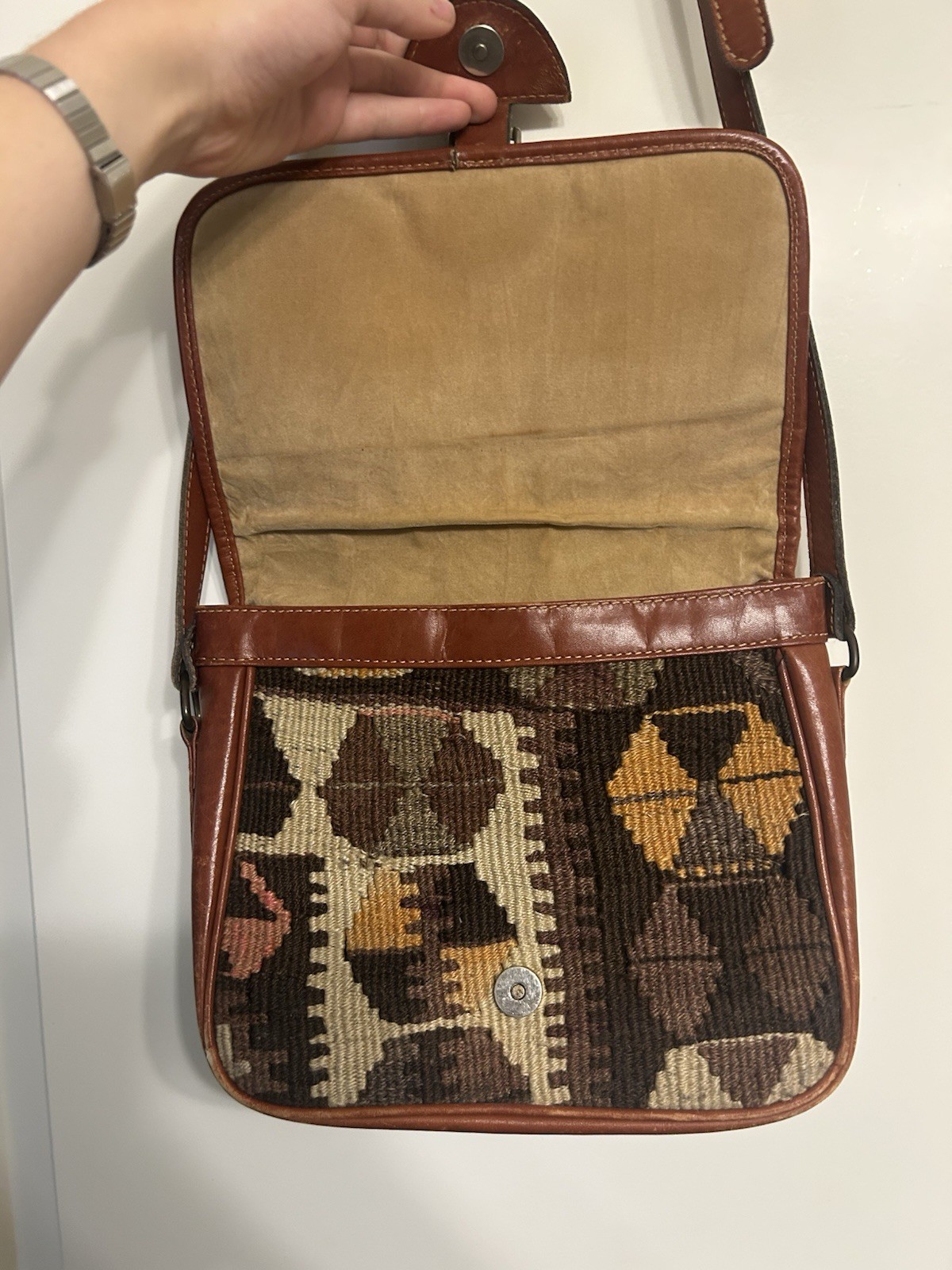 Vintage Genuine Kilim Wool Leather Woven Crossbody Shoulder Bag Made in Turkey