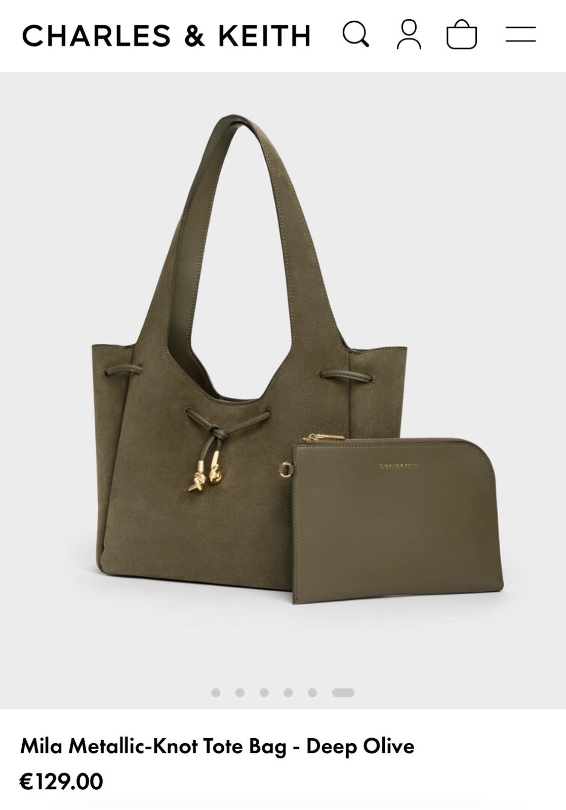 CHARLES & KEITH Women’s Deep Olive Tote Bag Double Handles Knot w/ Pouch