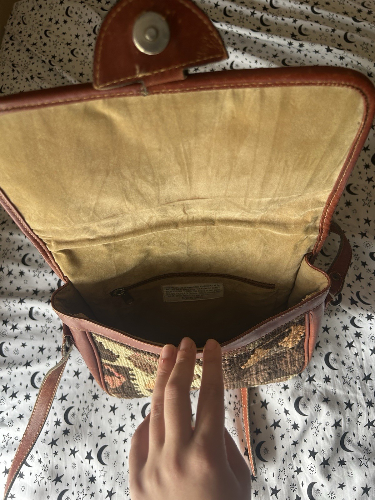 Vintage Genuine Kilim Wool Leather Woven Crossbody Shoulder Bag Made in Turkey