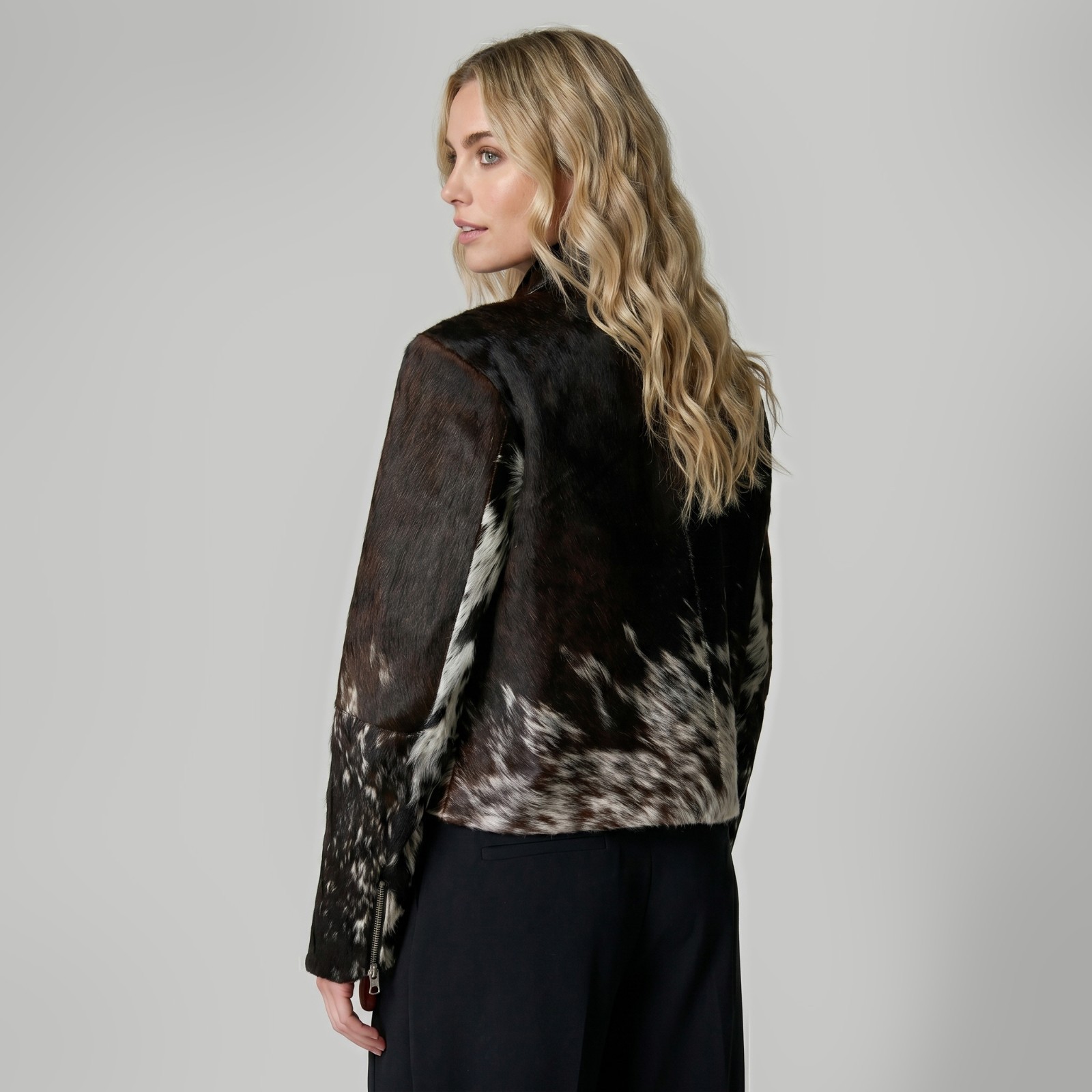 Genuine Cowhide Leather Jacket Womens Hair On Hide Fur Western Cow Print Short