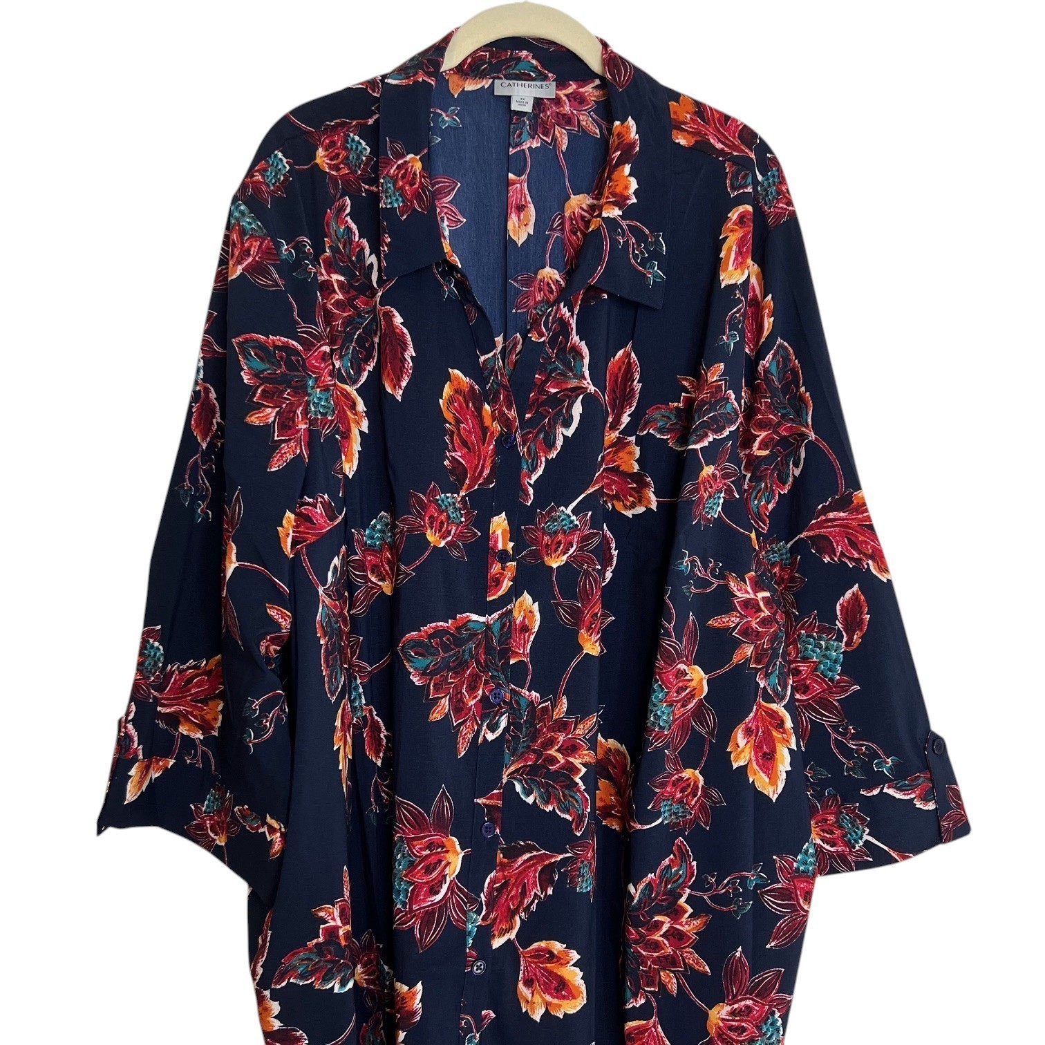 Catherines Womens Blouse 4X Navy Red Floral Button Front 3/4 Sleeves Plus Size