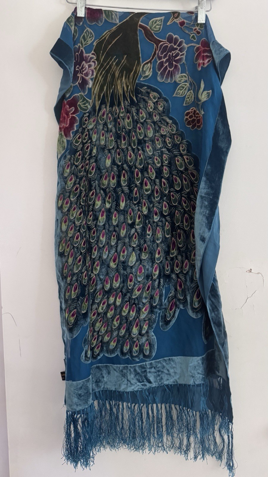Besarani Loni Oversized Silk Satin Blue Peacock Floral Fringe Rectangle Scarf