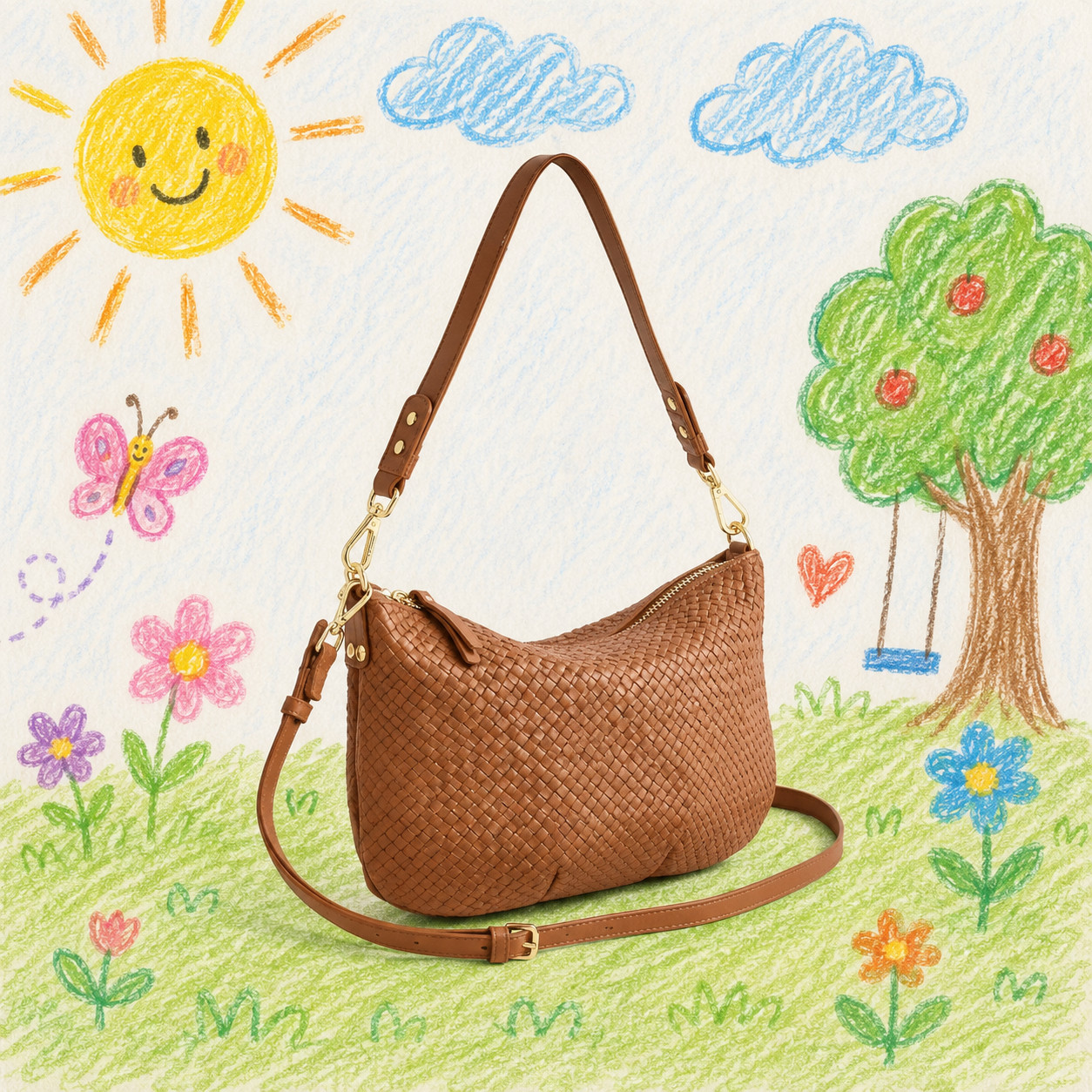 NEW Quince Italian Handwoven Leather Mini Shoulder Bag- Cognac Free Shipping