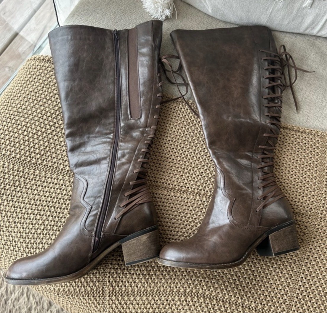 Brown Over-the-Knee Lace-Up Boots | Block Heel | Size 11 Wide