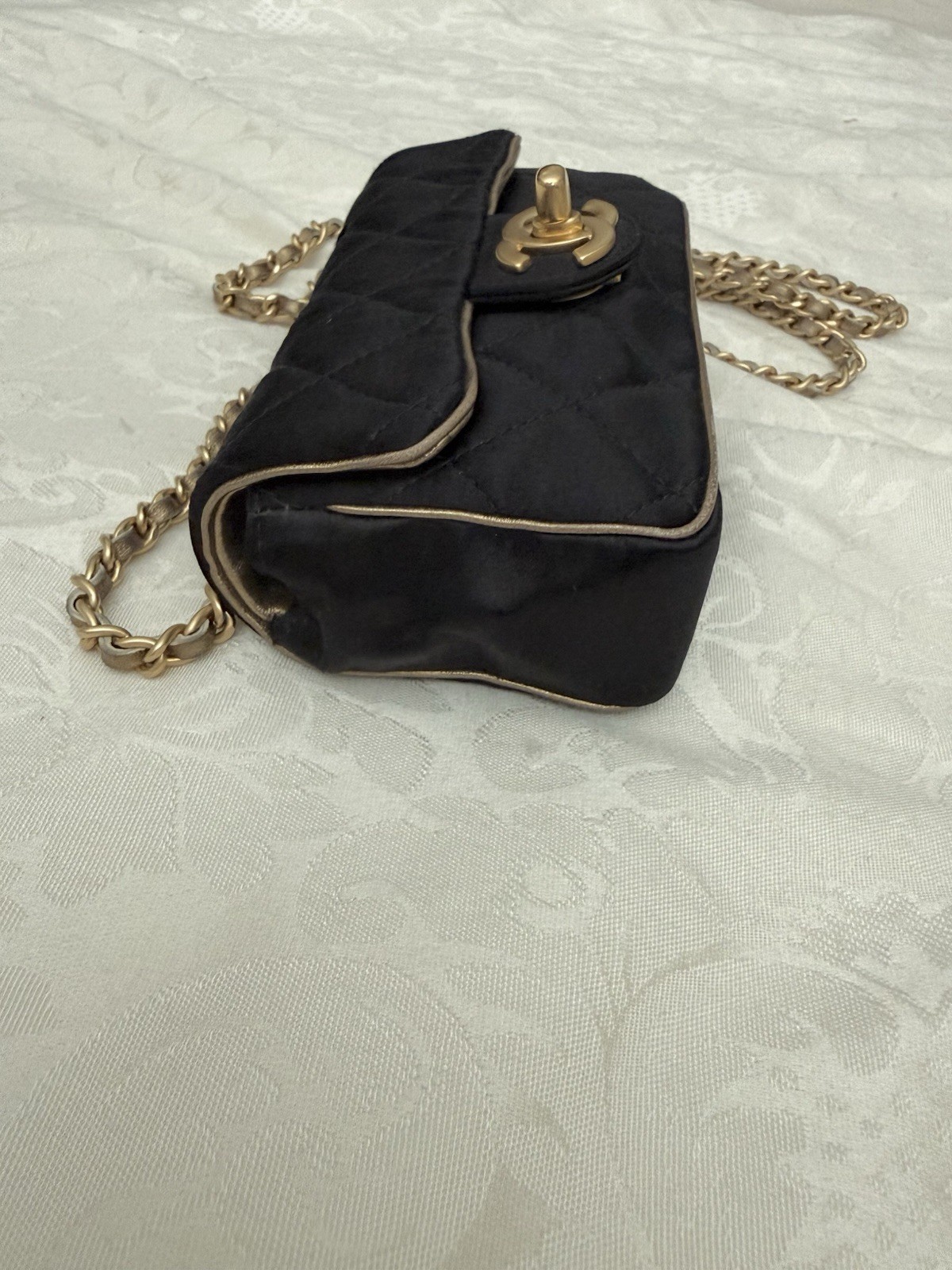 Vintage Chanel Extra Mini Satin Flap Bag Black Gold Chain Crossbody Rare