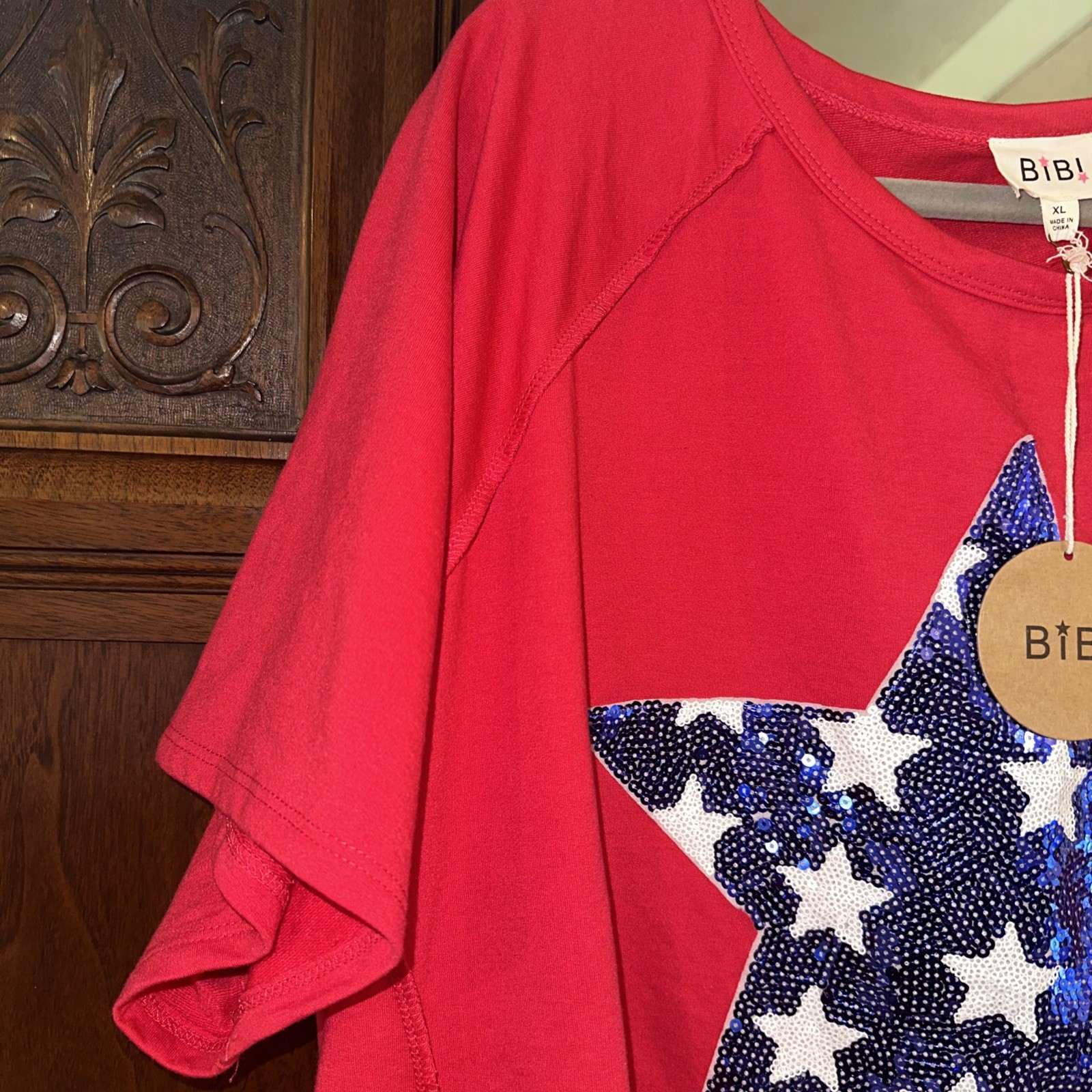 Bibi Brand Red Top With Blue Sequined Star Size XL NWT