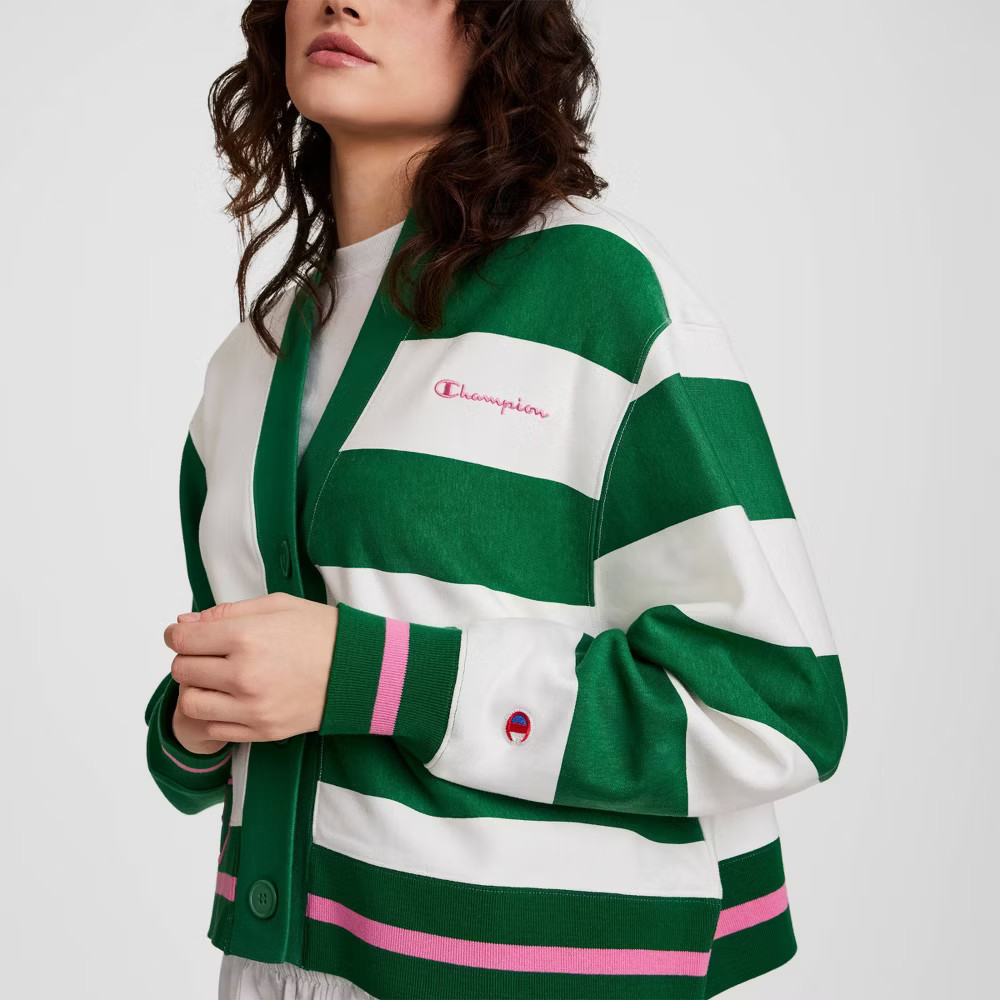 Champion Women Collegiate Cardigan – White/Green Striped XS