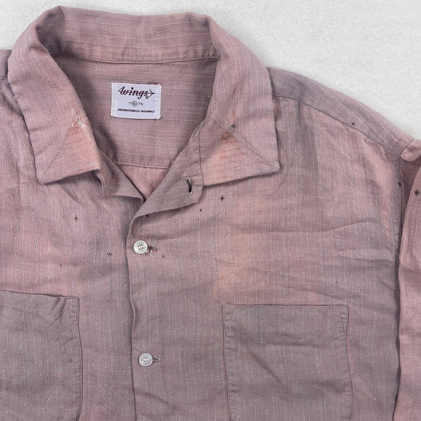 Vintage 50s 60s Wings Mauve Wavy Rayon Gab? Stripe Button Up Shirt XL Patched