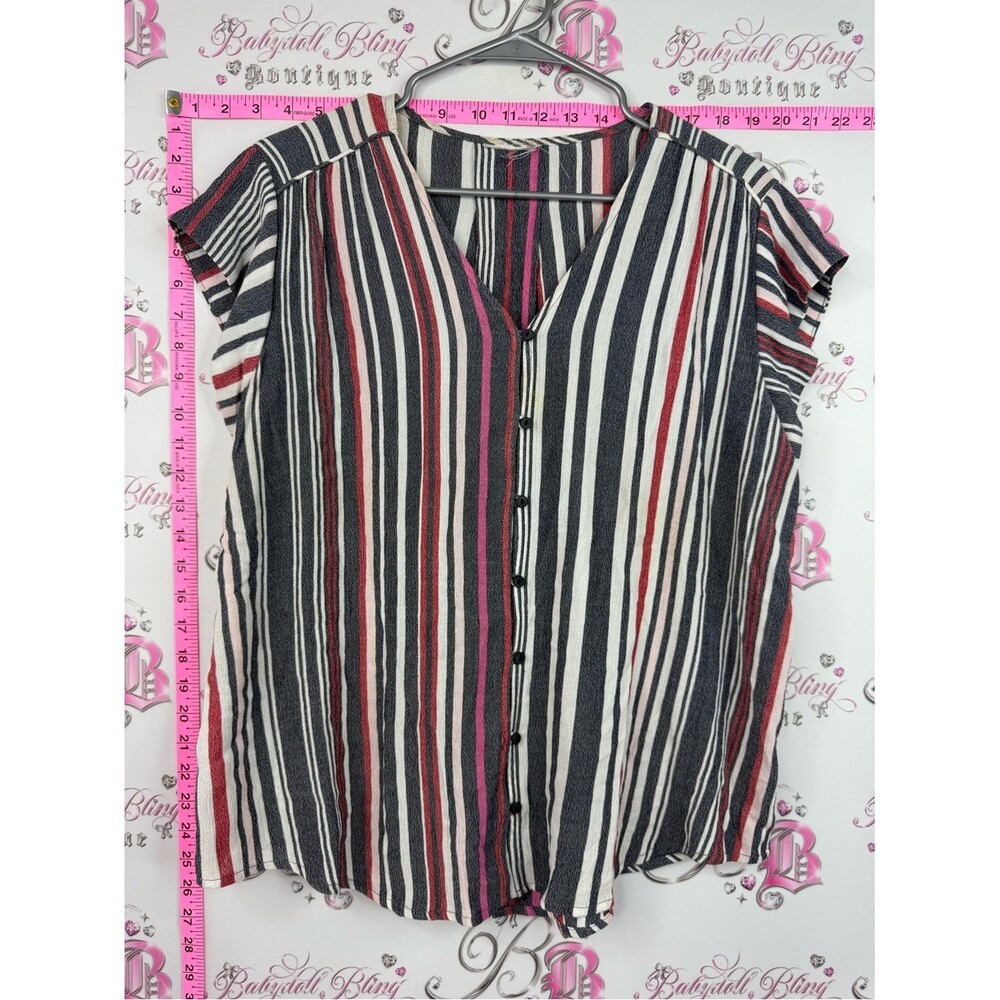 Shirt Striped V-Neck Cap Sleeve Blouse – Black, White & Red