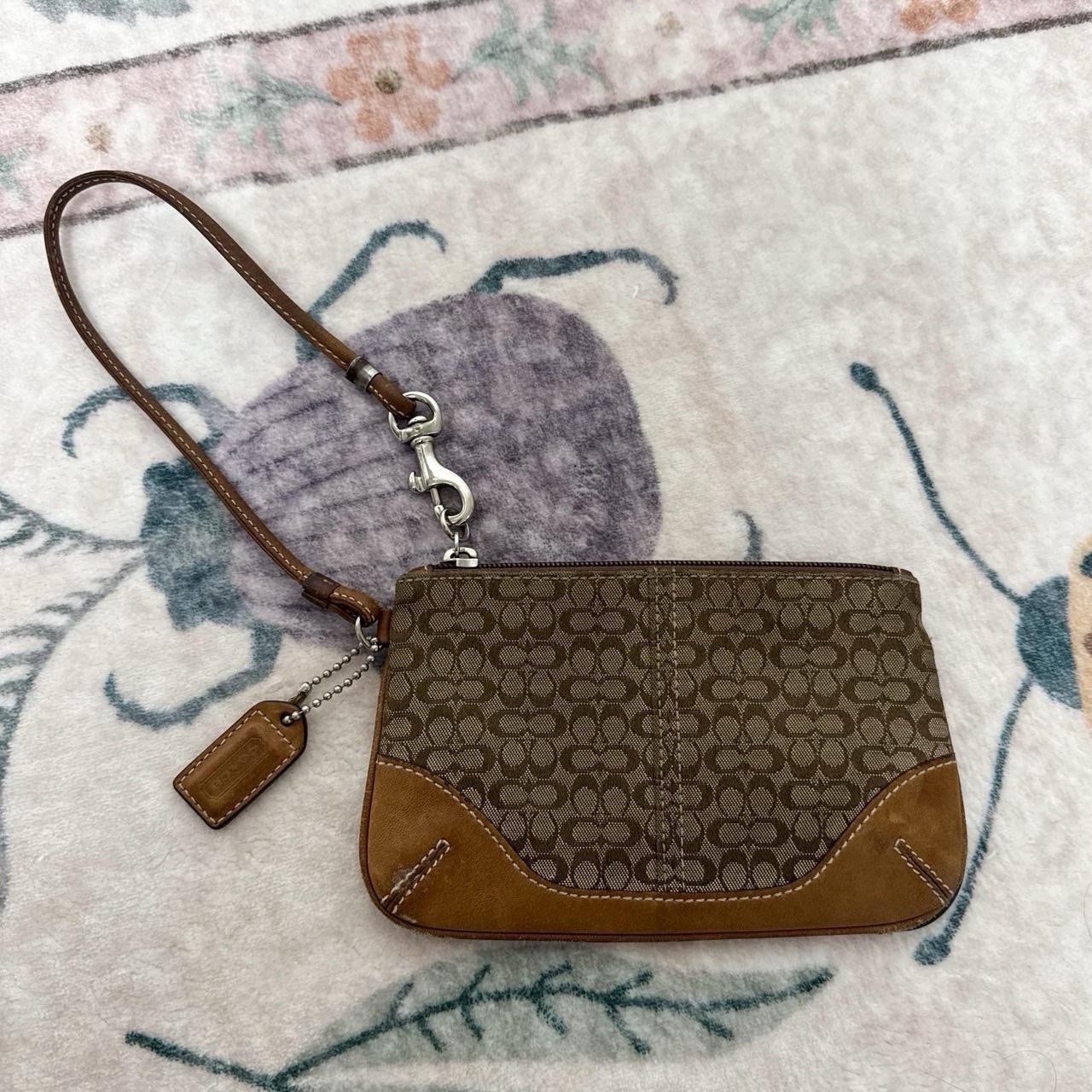 Coach Signature Brown Tan Wristlet Zip Wallet w/ Wrist Strap & Card Slots