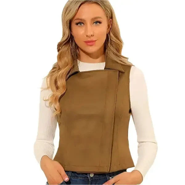 Women’s Tan Brown Suede Leather Biker Vest – Premium Soft Suede Motorcycle Style