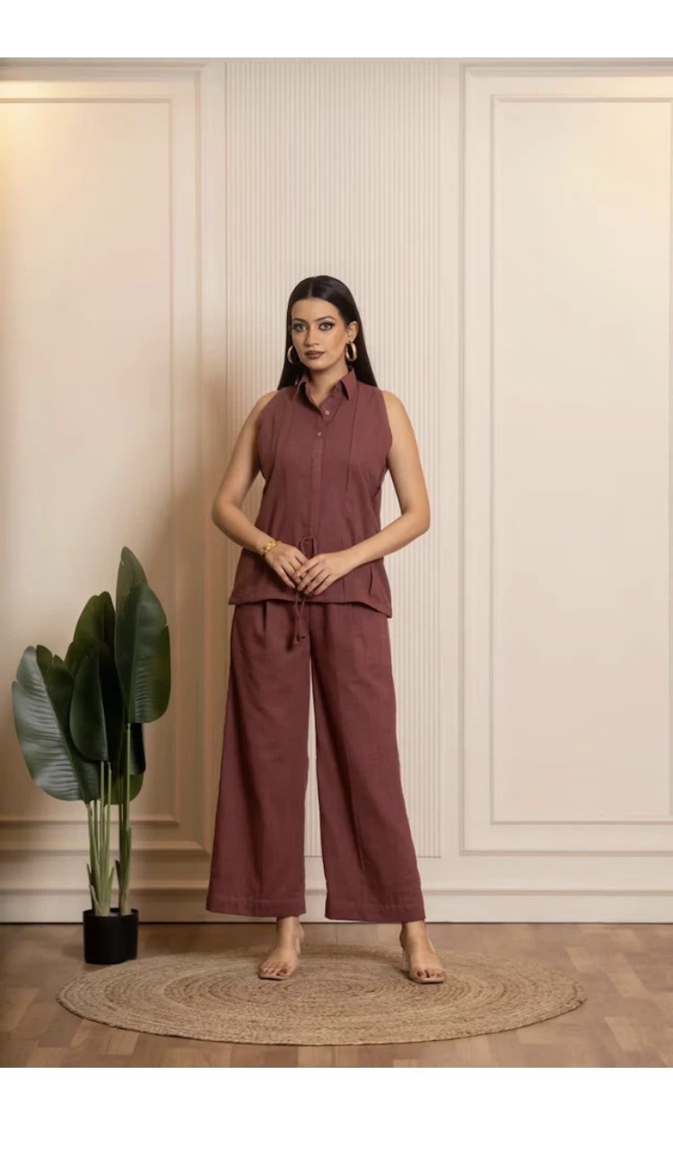 Brown Cotton Slub Co-ord Sets, Top & Palazzo Set, Two-Piece Outfit, Co ord Set
